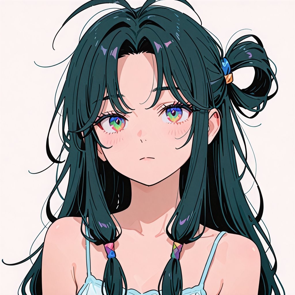 The character has long dark green hair and gradient colored irises, wearing a light-colored strap dress