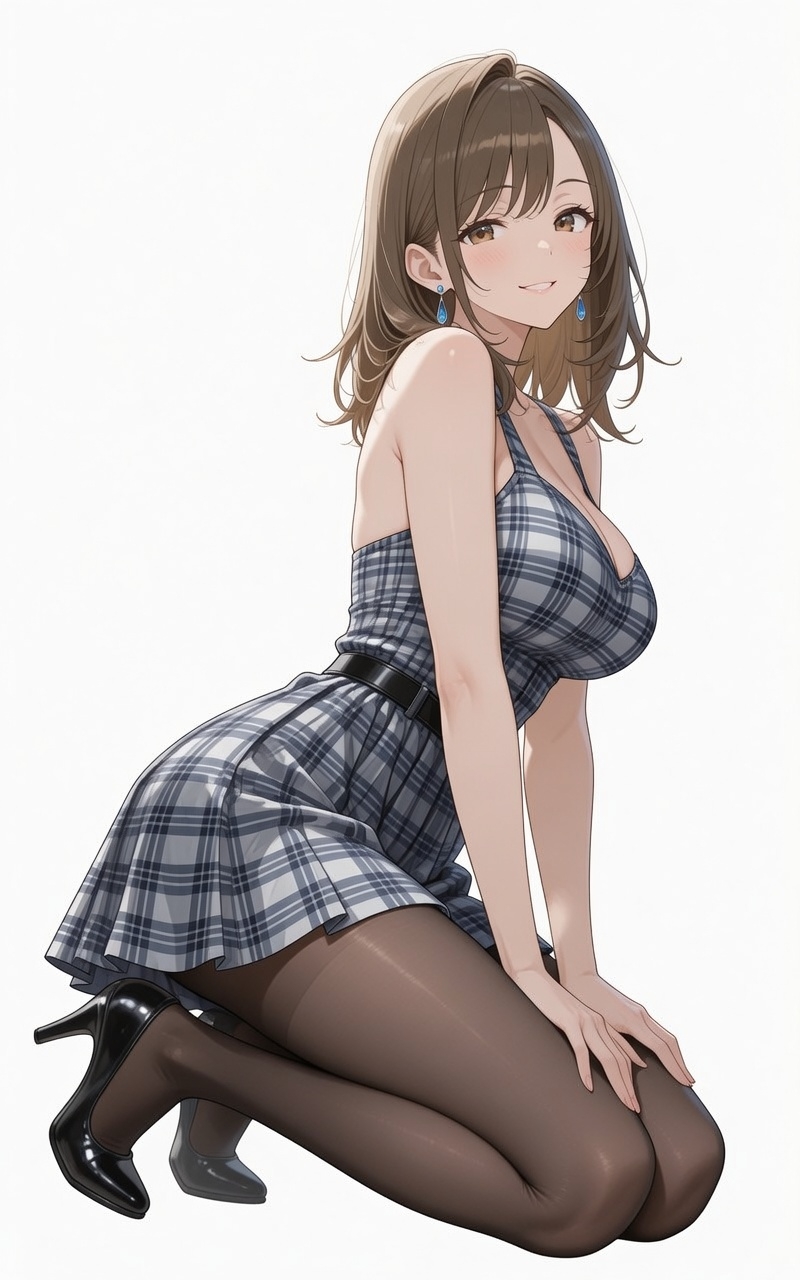 日系御姐风格的女性穿着蓝白灰格纹连衣裙，展现出温柔自信的气质