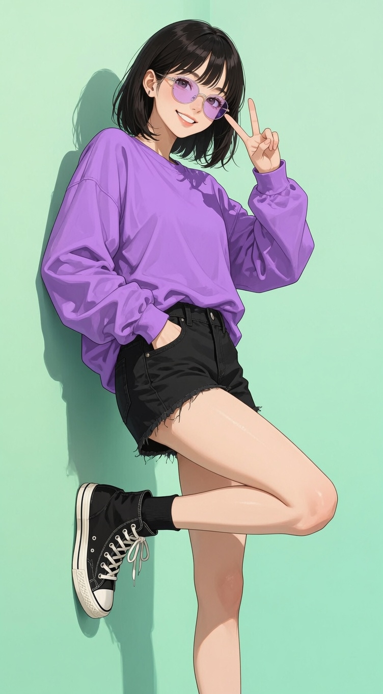 A girl with black short hair wearing a bright purple sweatshirt and black denim shorts showcases vitality and fashion