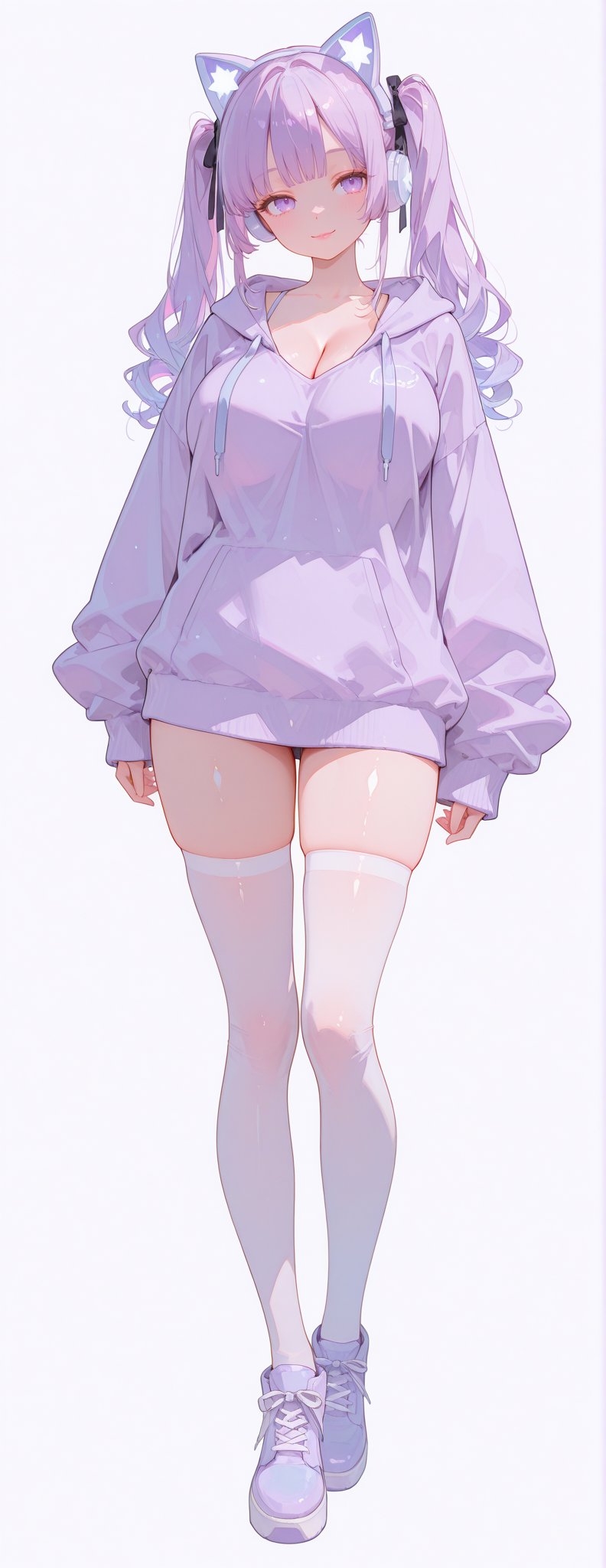 The cat-ear girl in anime wears a light purple hoodie and white over-the-knee socks