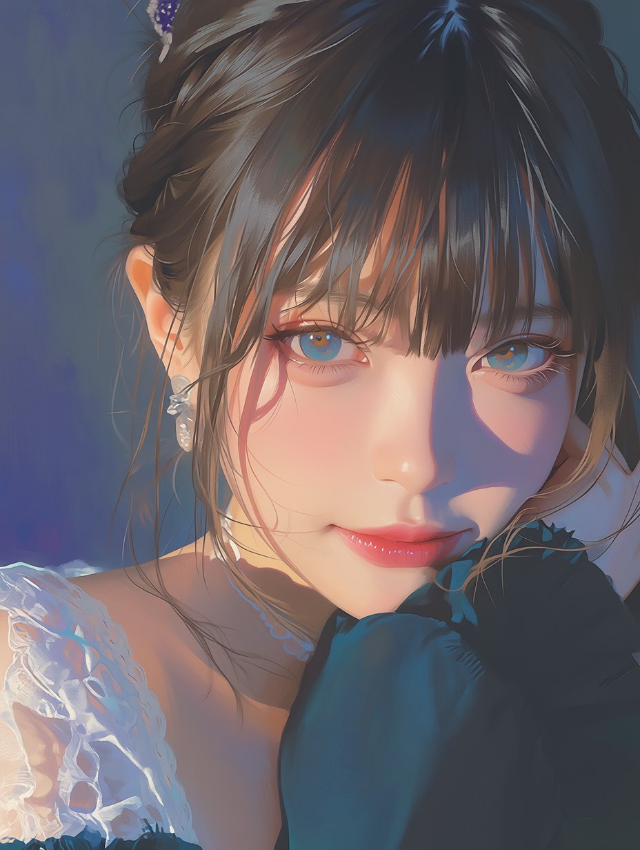 The classical oil painting features a beautiful woman with dark brown hair and blue eyes