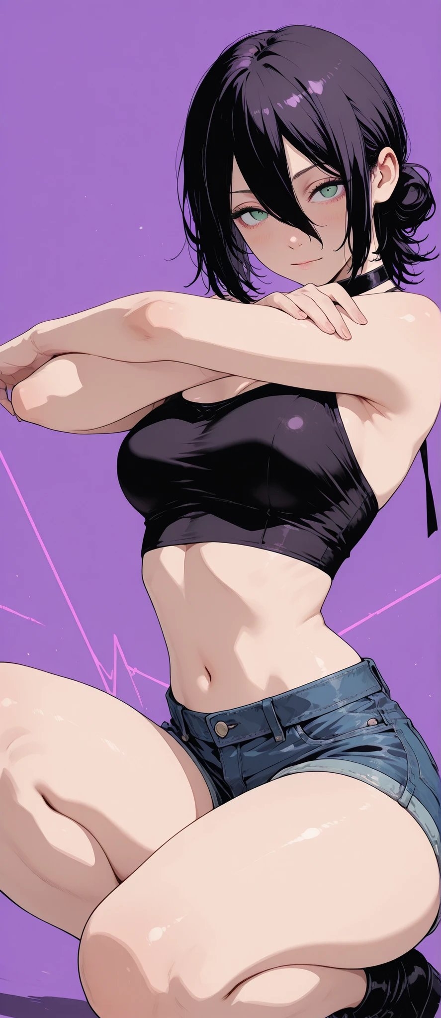 Die weibliche Anime-Figur trägt ein schwarzes Lederoberteil und hoch taillierte Jeansshorts, was ihr kurzes schwarzes Haar und die türkisfarbenen Augen betont