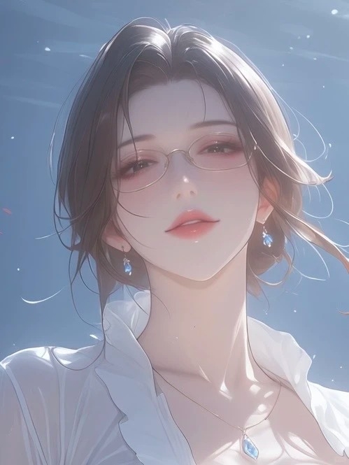 短髪の眼鏡をかけた女性が白い服を着て、淡い青い水中背景に映える。優雅な気質があり、二次元の壁紙に最適