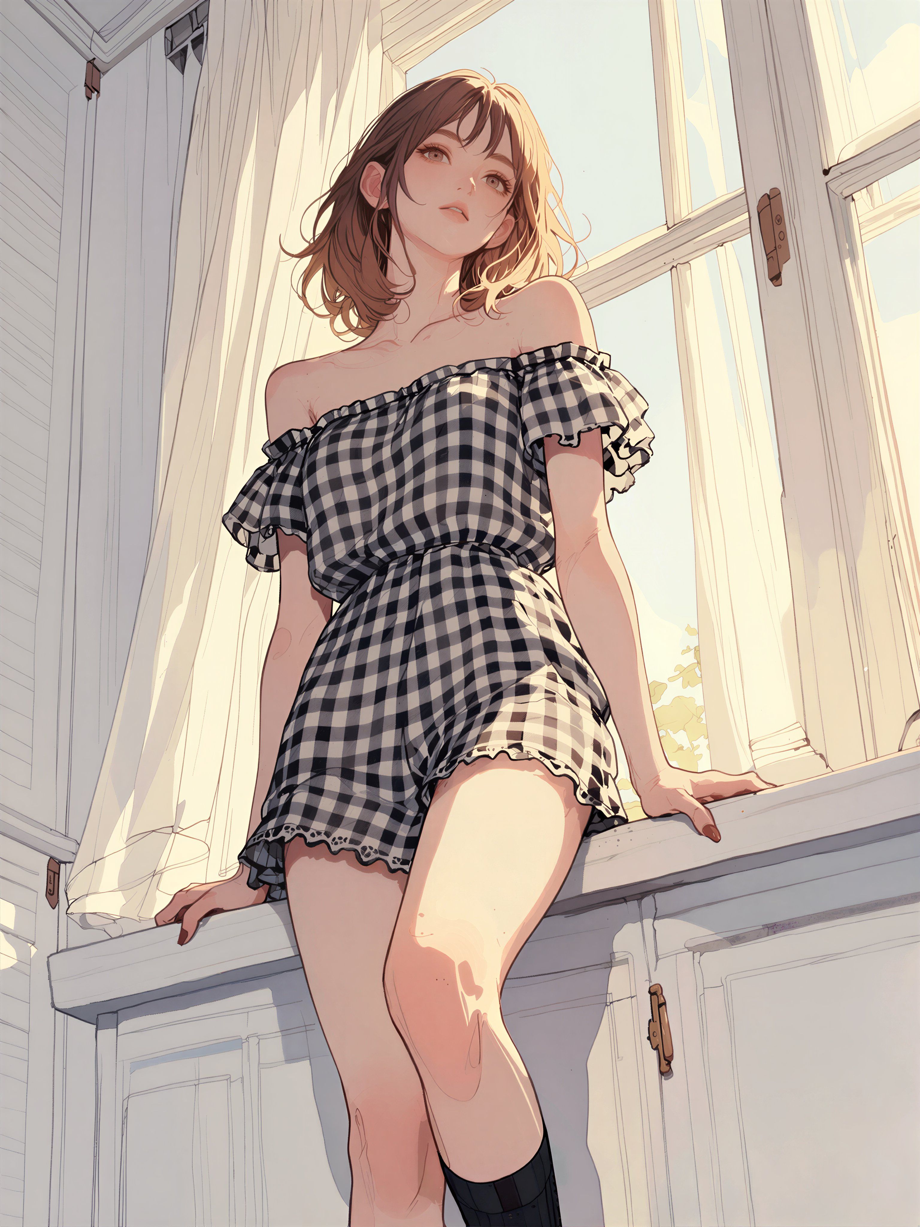 Una niña se sienta junto a la ventana en un vestido de tirantes Off-Shoulder de cuadros blancos y negros