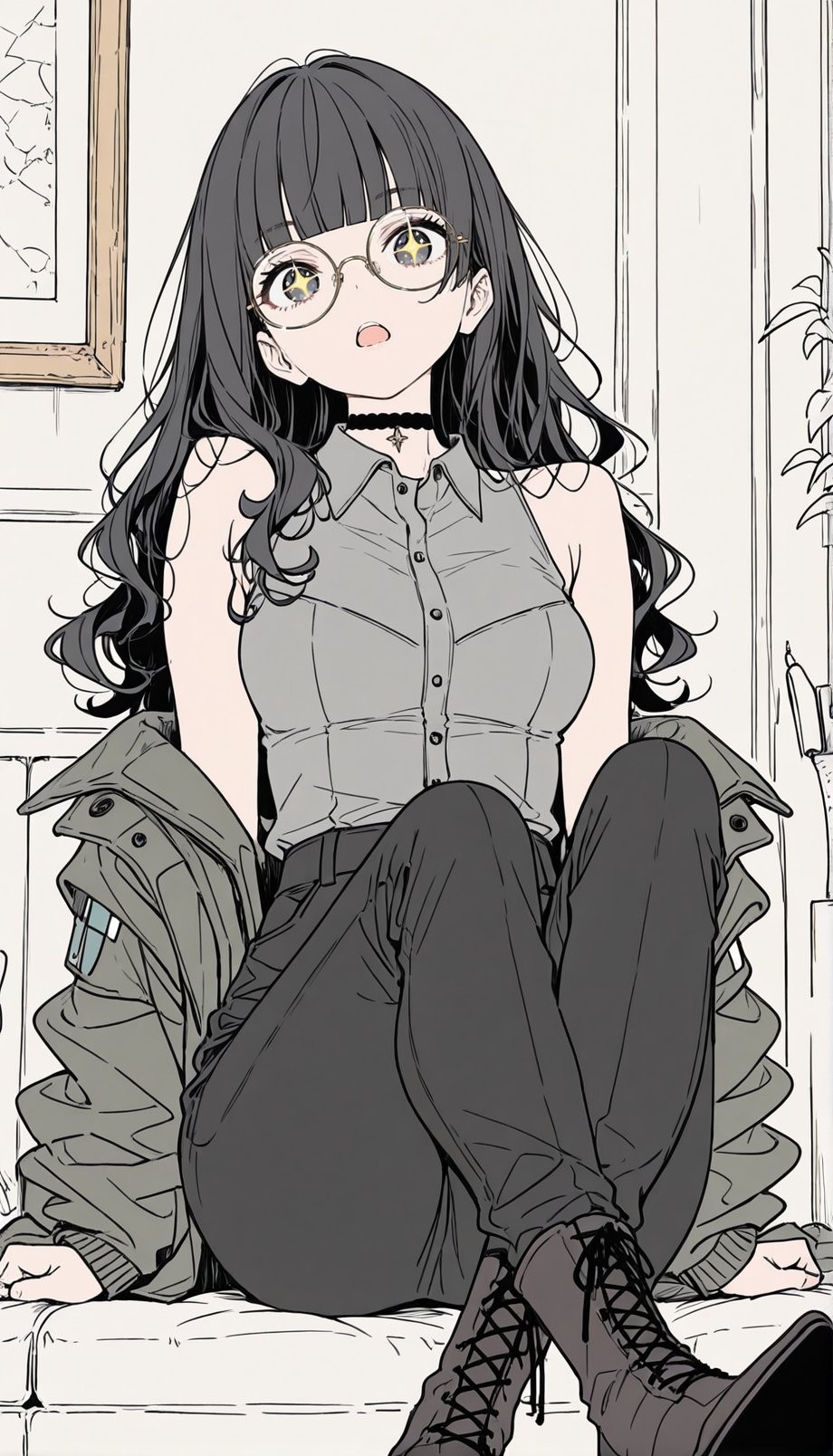 A girl with long black curls and round glasses sits by the bed
