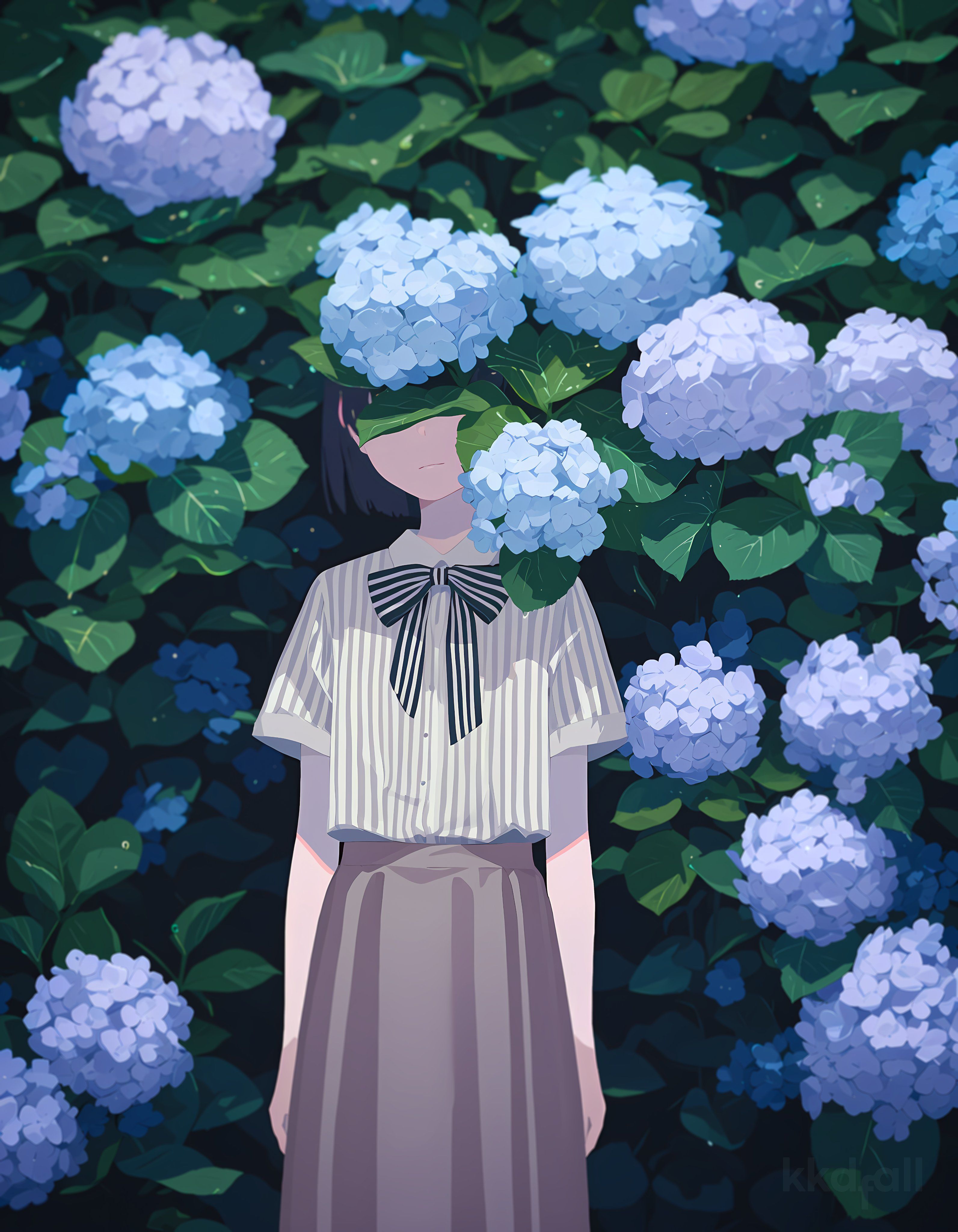 Mädchen in Uniform zwischen Hortensien