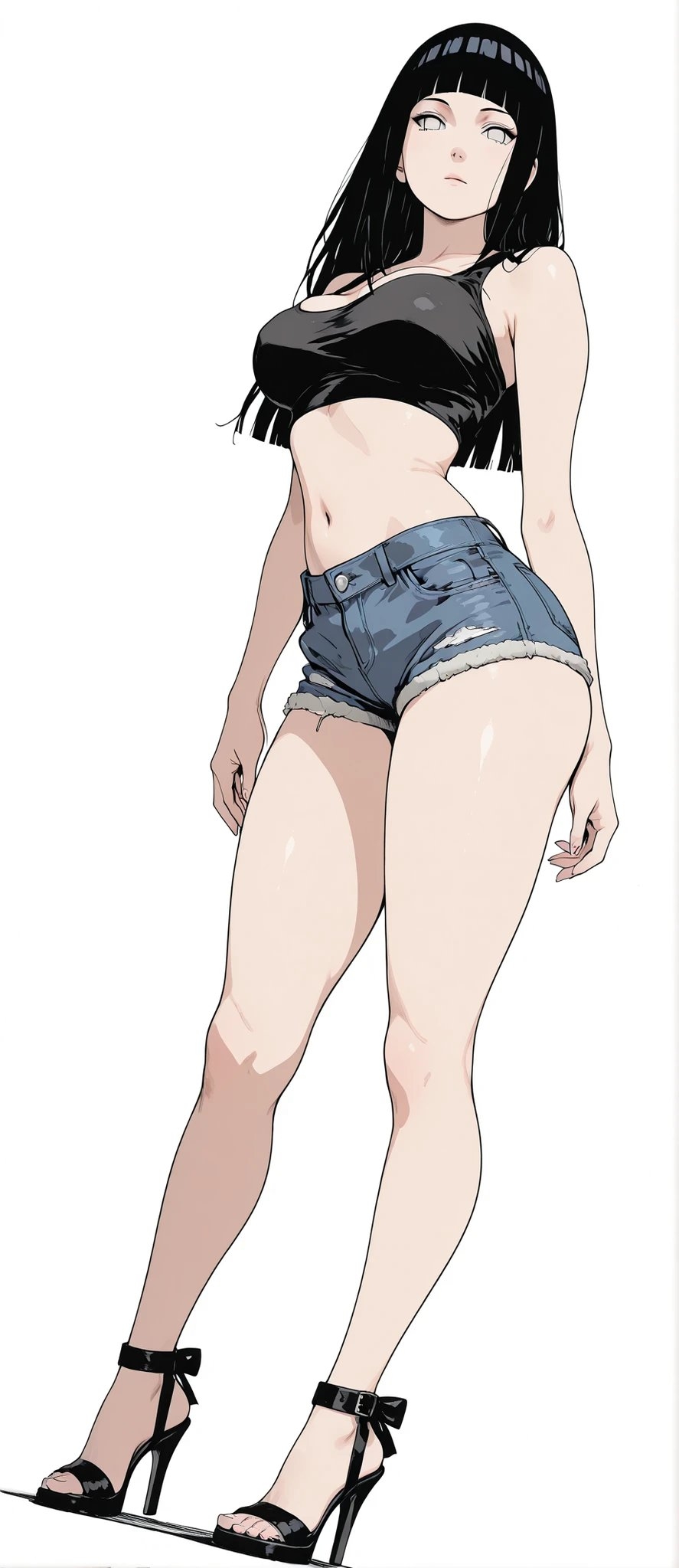 Eine reife Frau trägt ein schwarzes Crop-Top und zerrissene Boyfriend-Jeans-Shorts