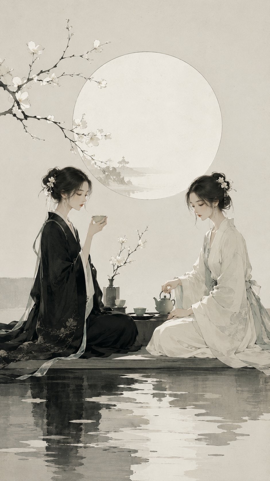 A pair of sisters in black and white attire enjoy tea together, showcasing the symmetrical...