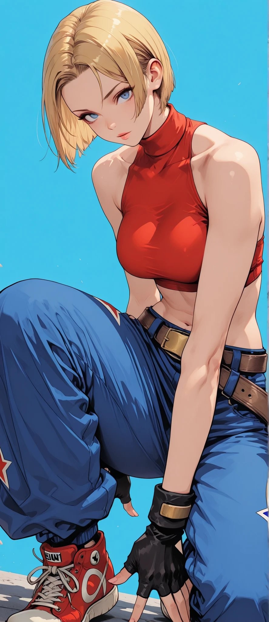 Die Figur Blue Mary aus The King of Fighters trägt ein rotes Crop-Top und eine dunkelblaue Cargo-Hose