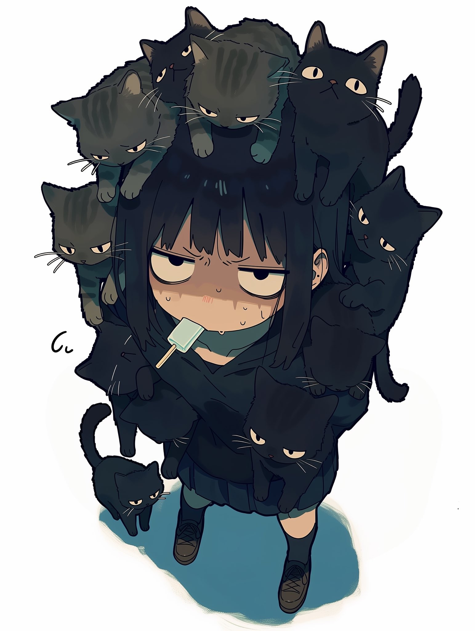 A girl is engulfed by black cats, her black hair obscures her face and her deep blue uniform is nearly hidden