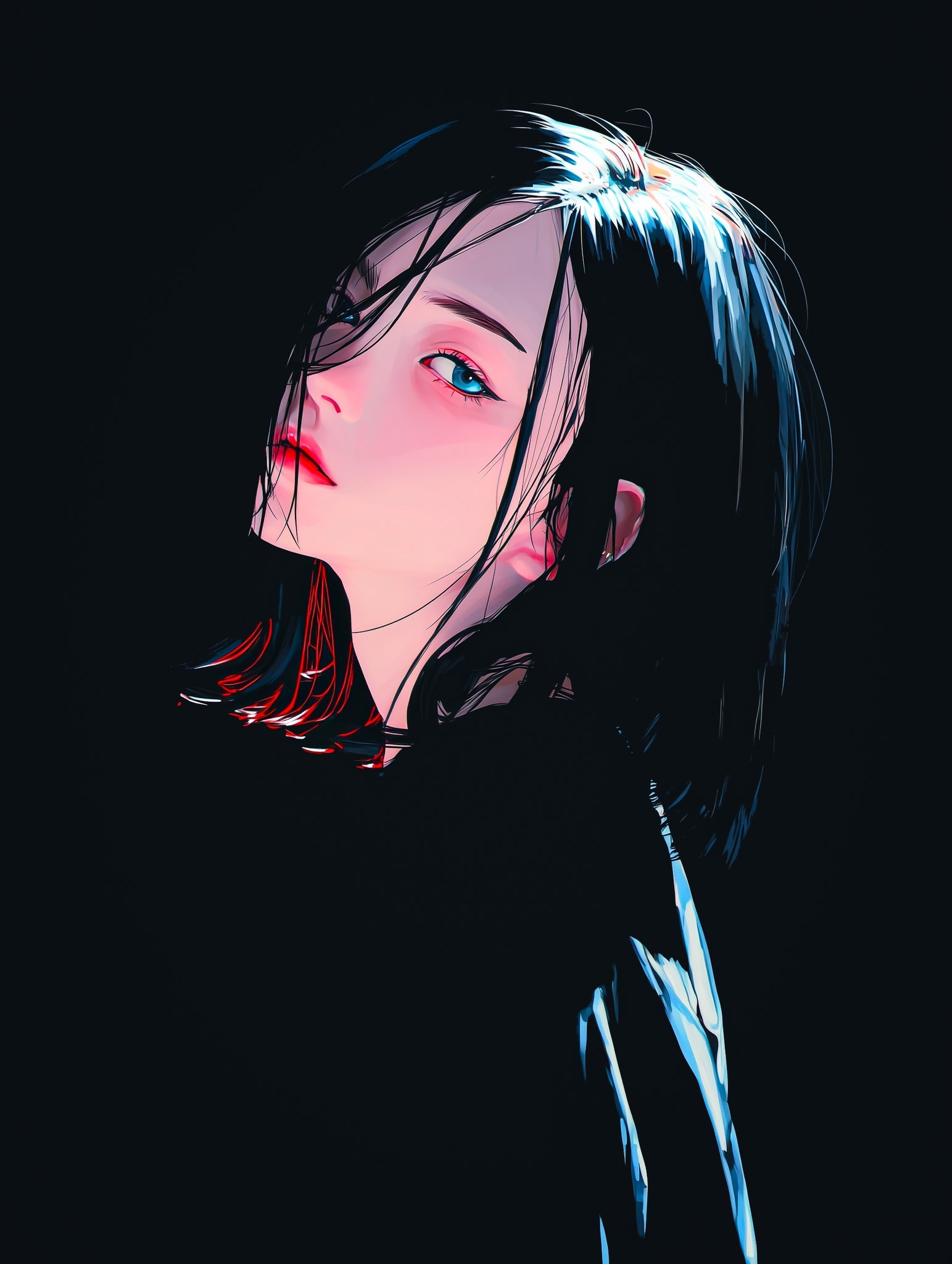 Cyberpunk girl wallpaper with black hair and red highlights