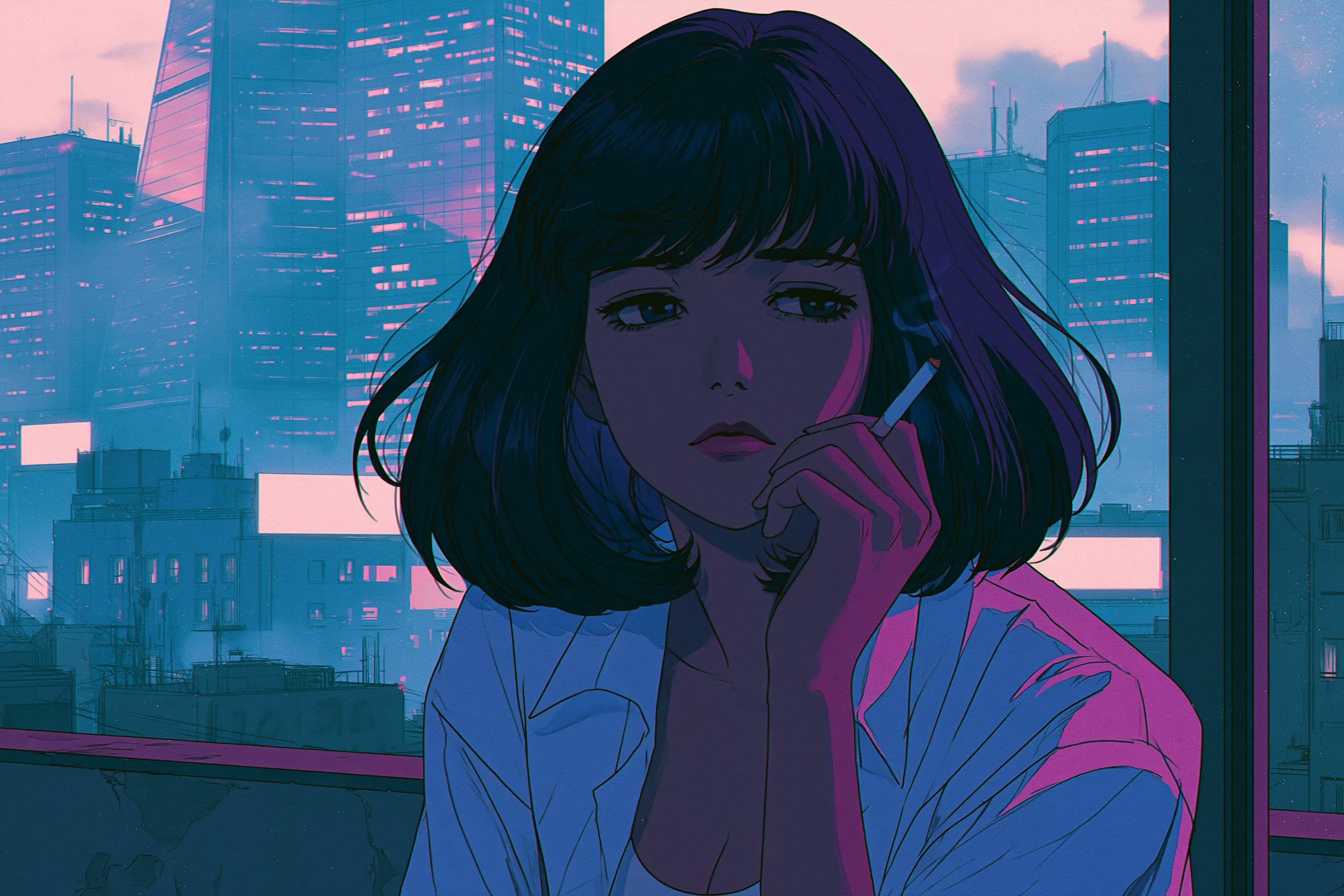 未来都市の窓辺で黒髪の女性が煙草を吸いながら怠惰に過ごしている