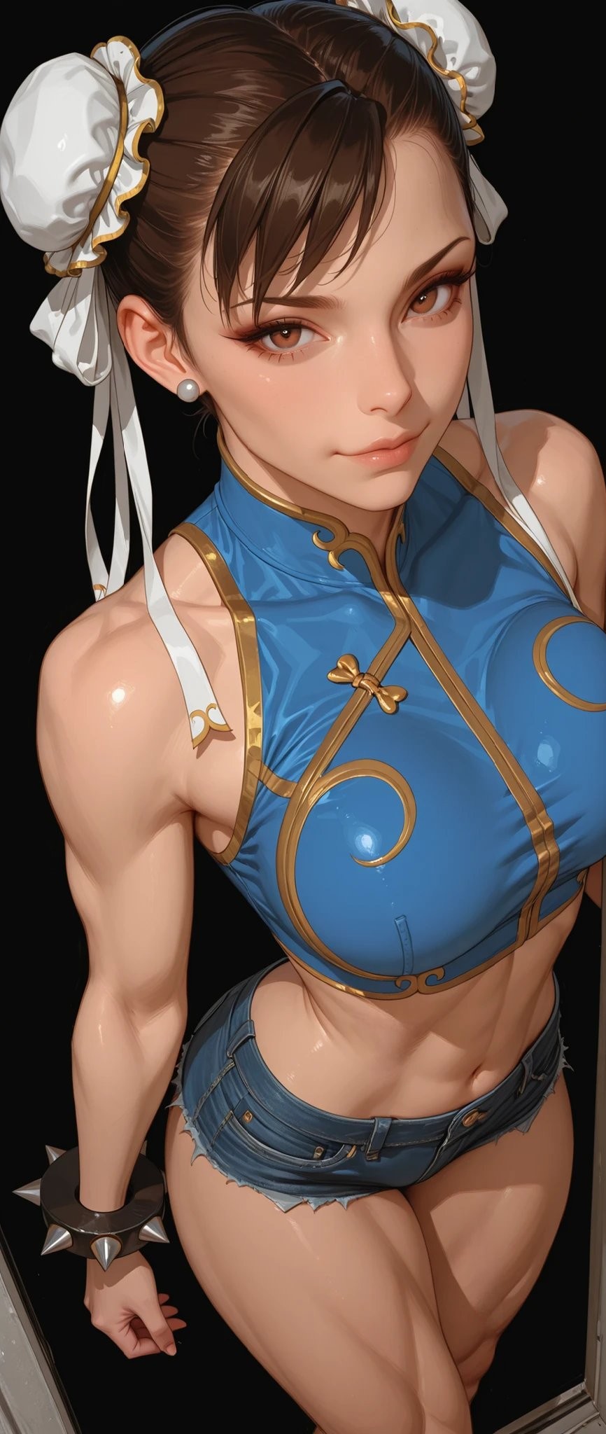 Chun-Li wird in ihrem klassischen Look dargestellt, sie trägt einen blauen modifizierten Qipao und Jeansshorts