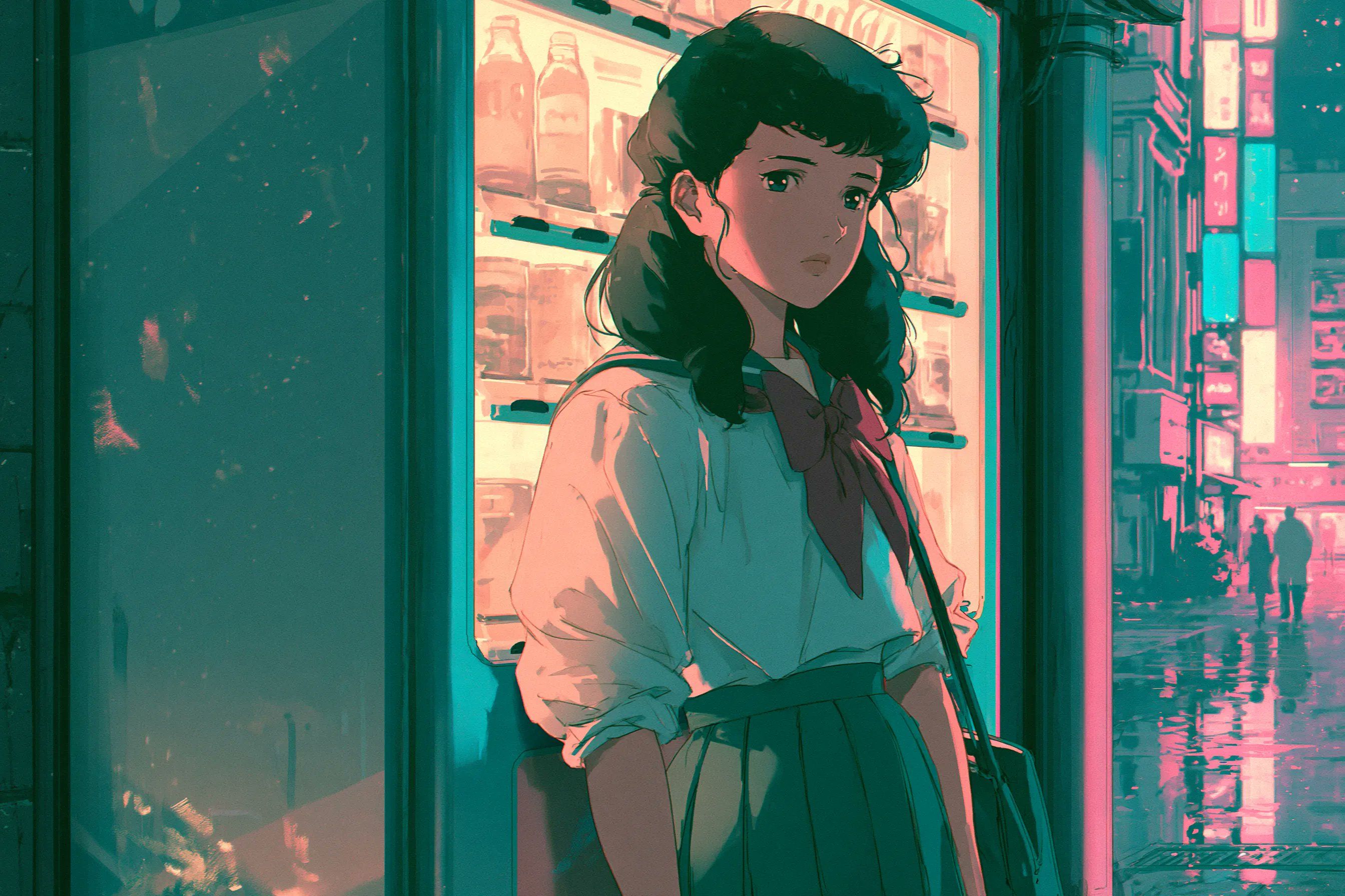 Una chica original muestra una fusión de estilo ciberpunk y retro japonés