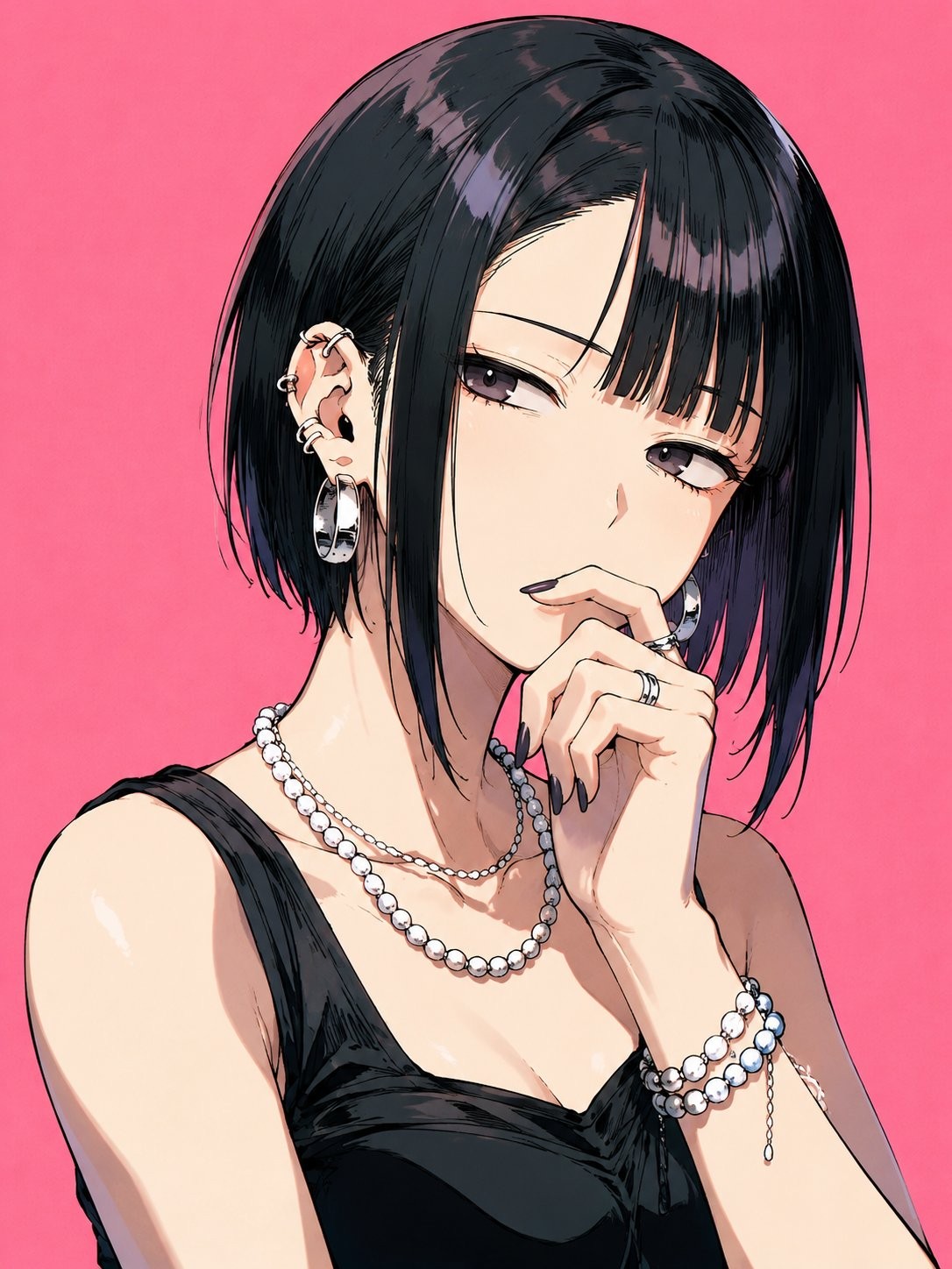 A woman with long black straight hair wears a form-fitting off-shoulder outfit showcasing elegance