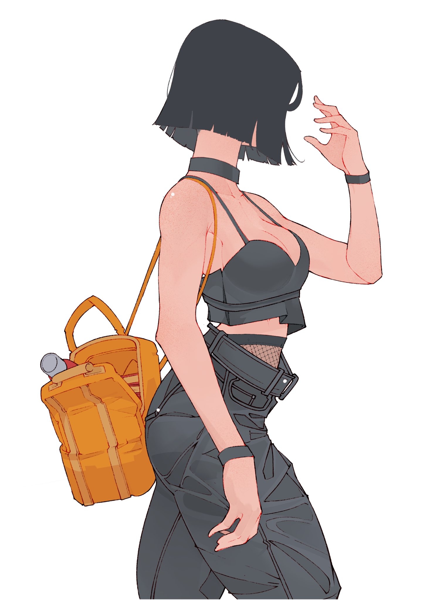 Illustration of a short-haired girl in a crop top and cargo pants with an orange backpack