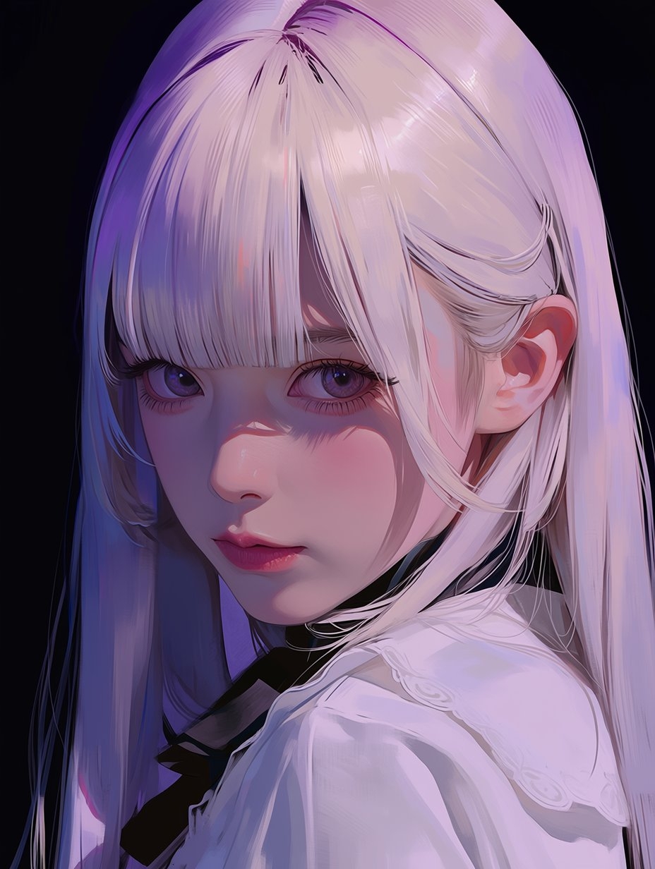 The neon silver-haired girl wears a black turtleneck and a white ruffled outerwear