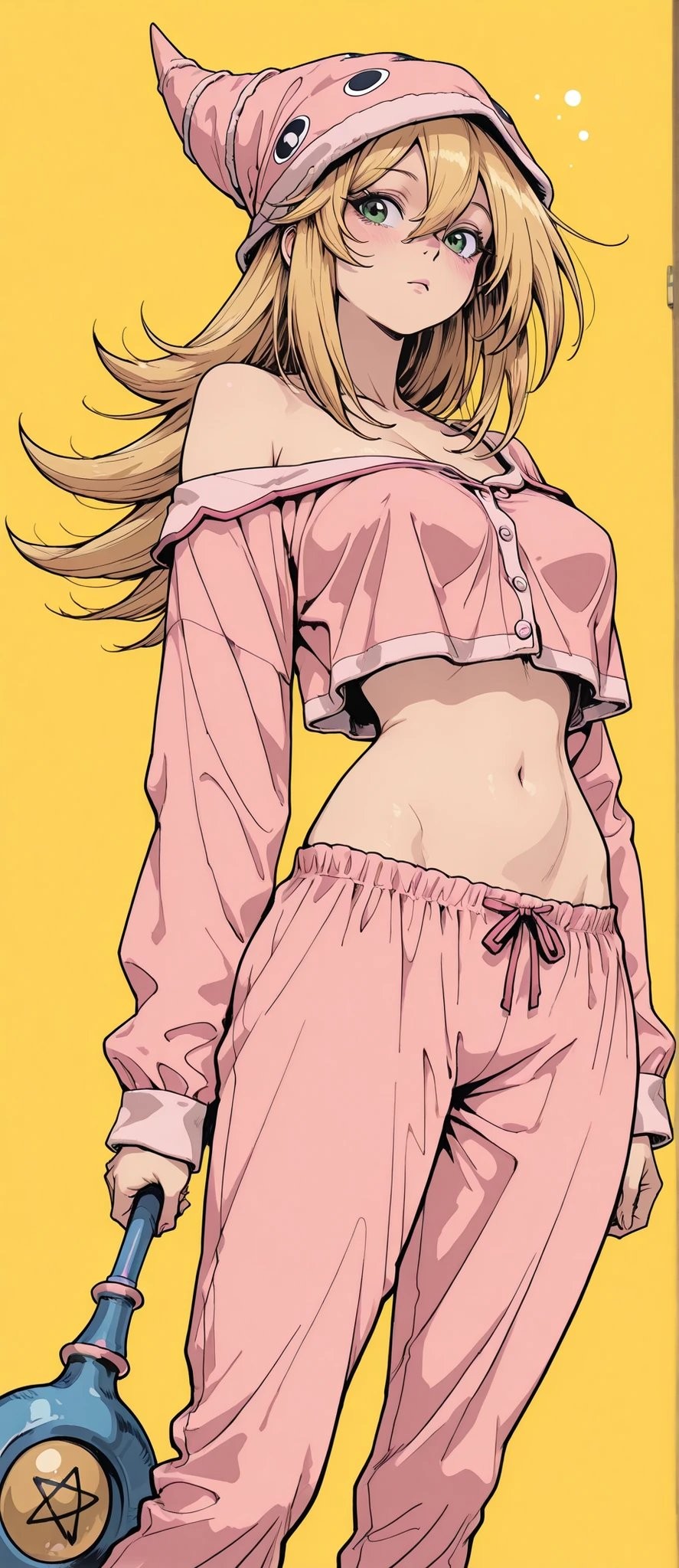 The Dark Magician Girl wears a pink pajama set and holds a blue wand with a bright yellow background