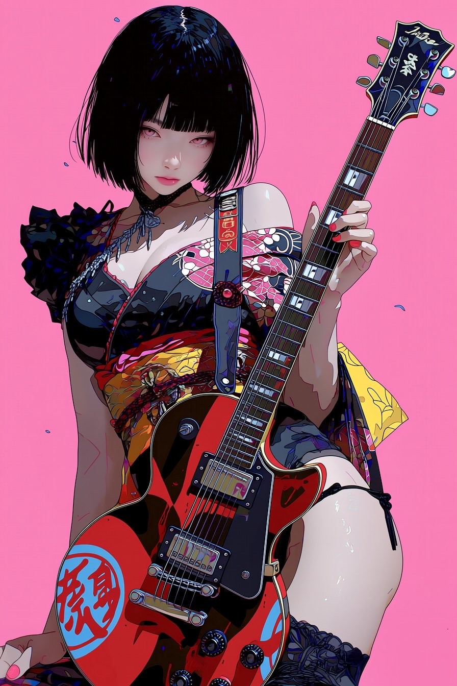 A black-haired girl holding a red electric guitar showcases Japanese rock aesthetics