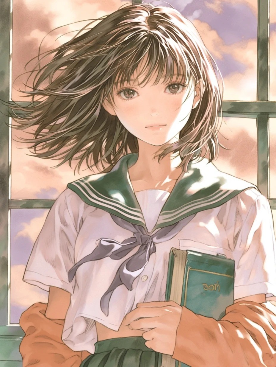 A short brown-haired girl holding books by the window