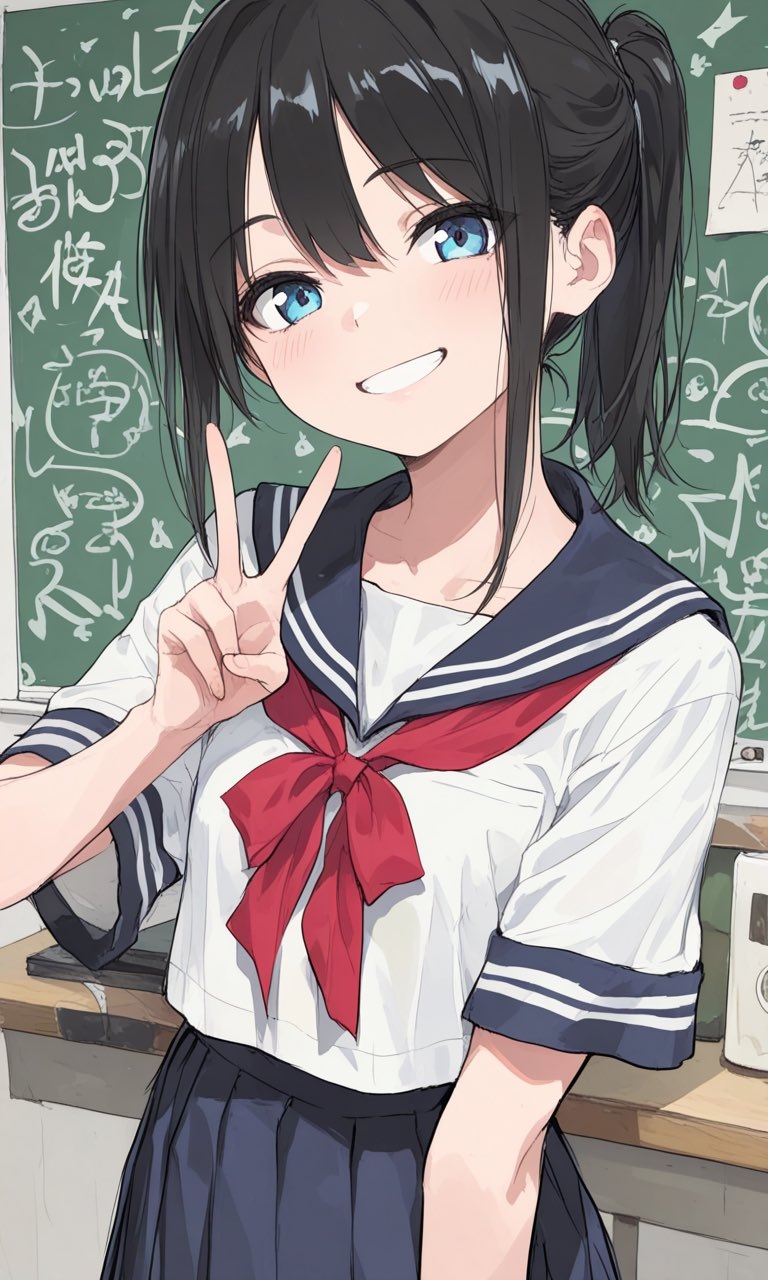 A girl with black medium-length hair wearing a white sailor uniform and a dark pleated skirt