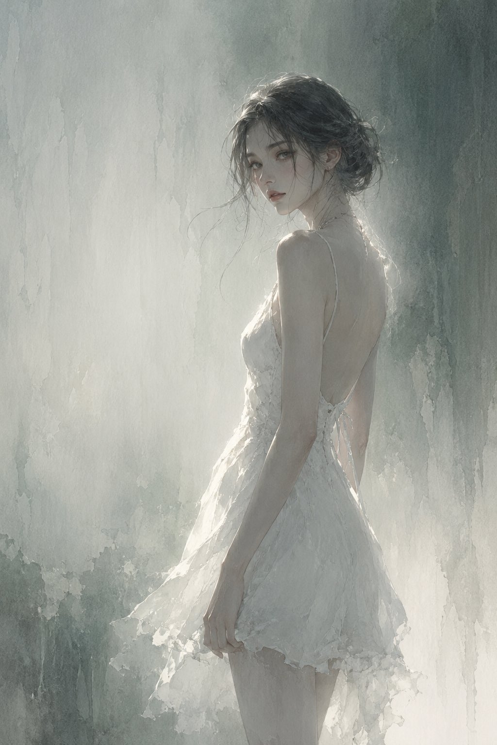 女生穿着黑色吊带长裙，低盘卷发，背景为梦幻的樱花光影