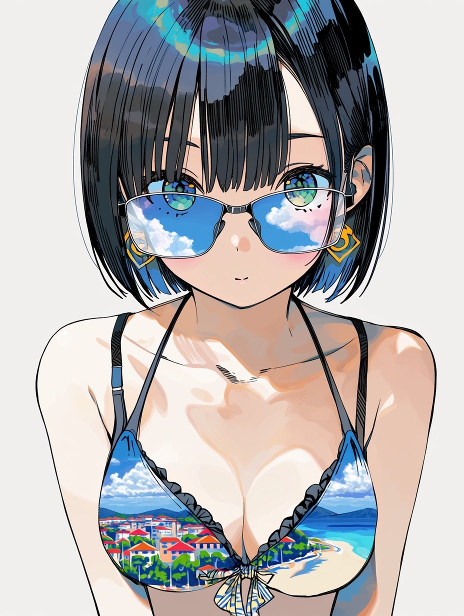 Ein Mädchen mit kurzen schwarz-blauen Haaren trägt eine Sonnenbrille, die den blauen Himmel und weiße Wolken sowie ein rotes Haus reflektiert
