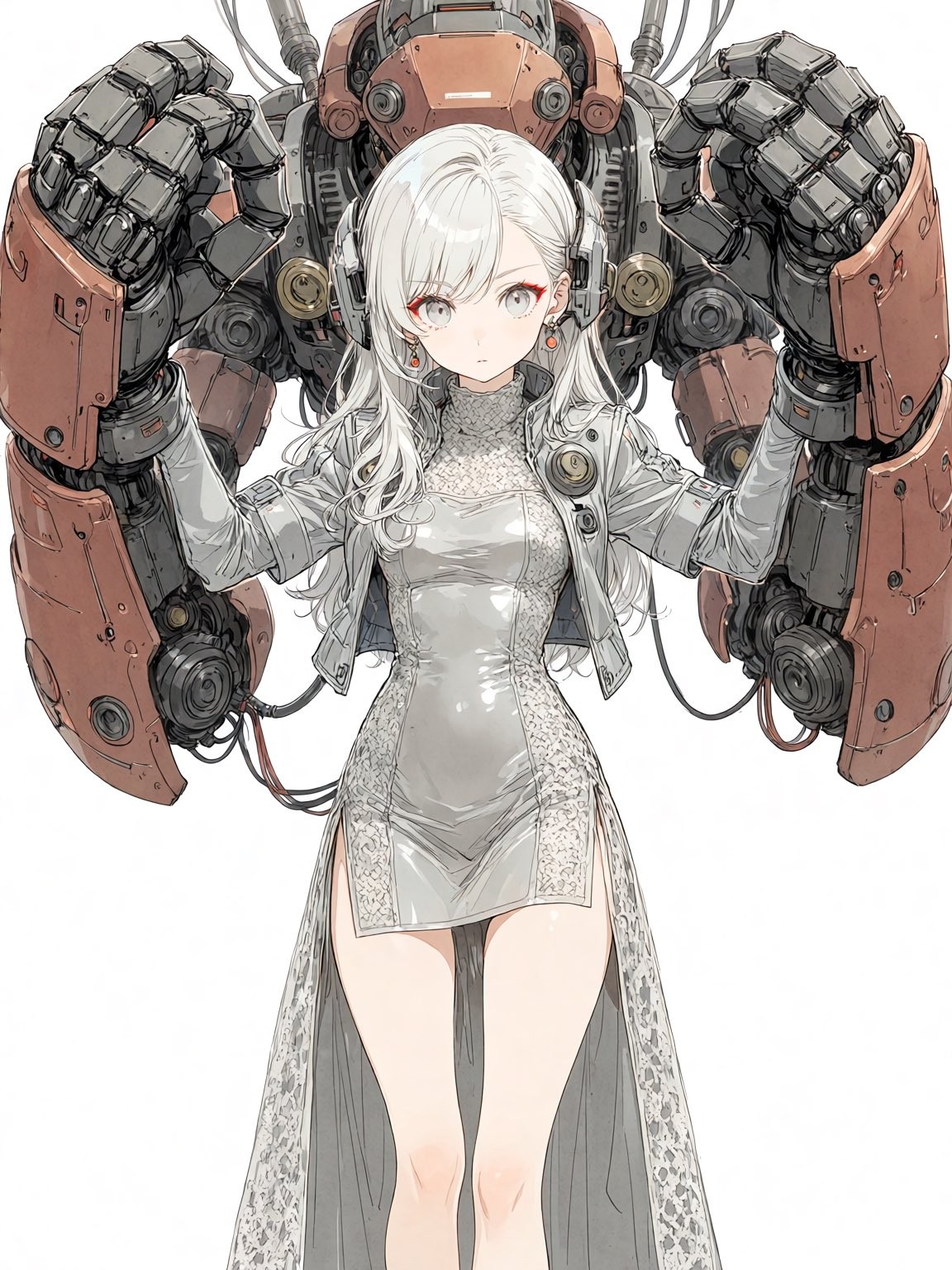 The silver-haired girl wears a silver-gray dress with mechanical headphones and a mech