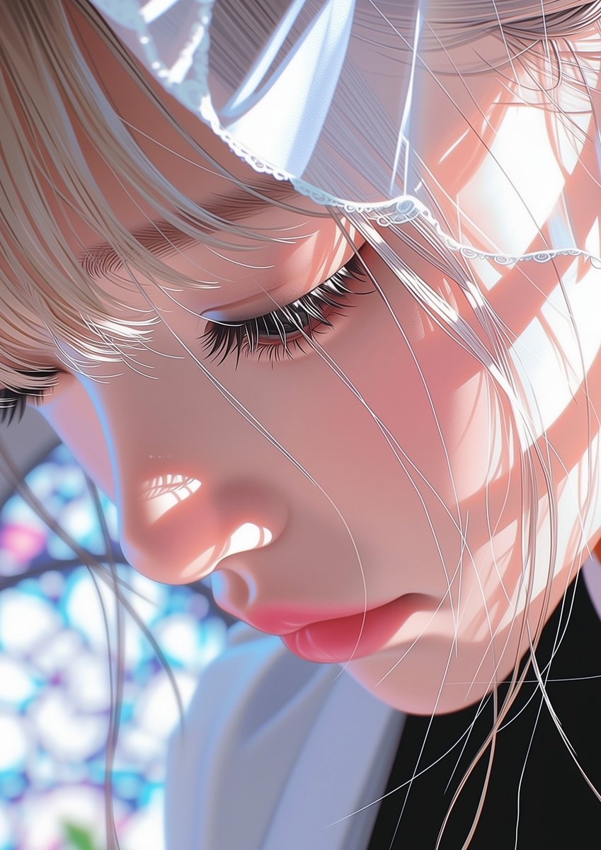 Una chica de cabello plateado con los ojos cerrados encarna una atmósfera serena bajo el vitral de la iglesia