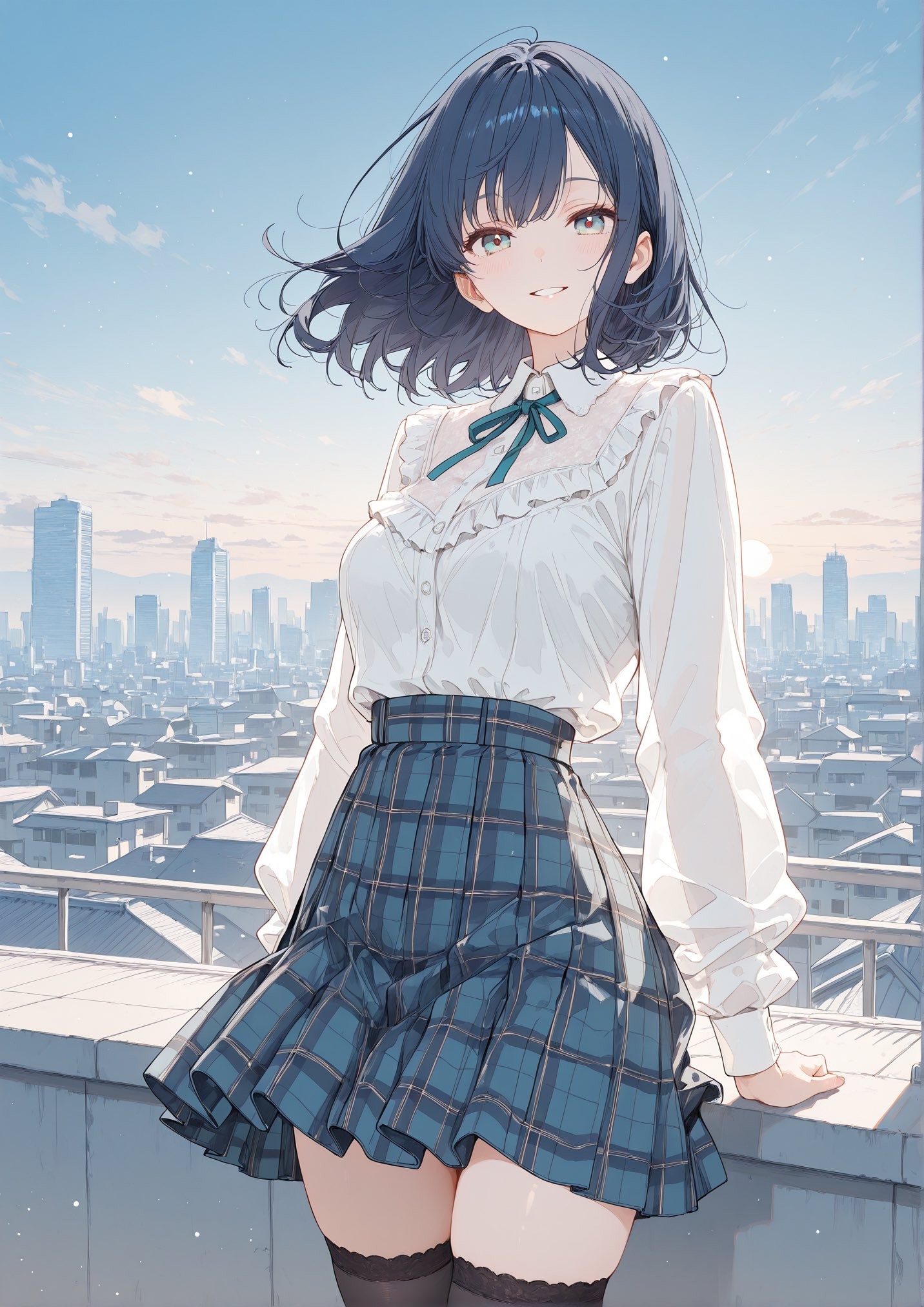 都市の屋上で白いシャツと青いチェックのスカートの黒髪ショートヘアの少女のアニメ壁紙