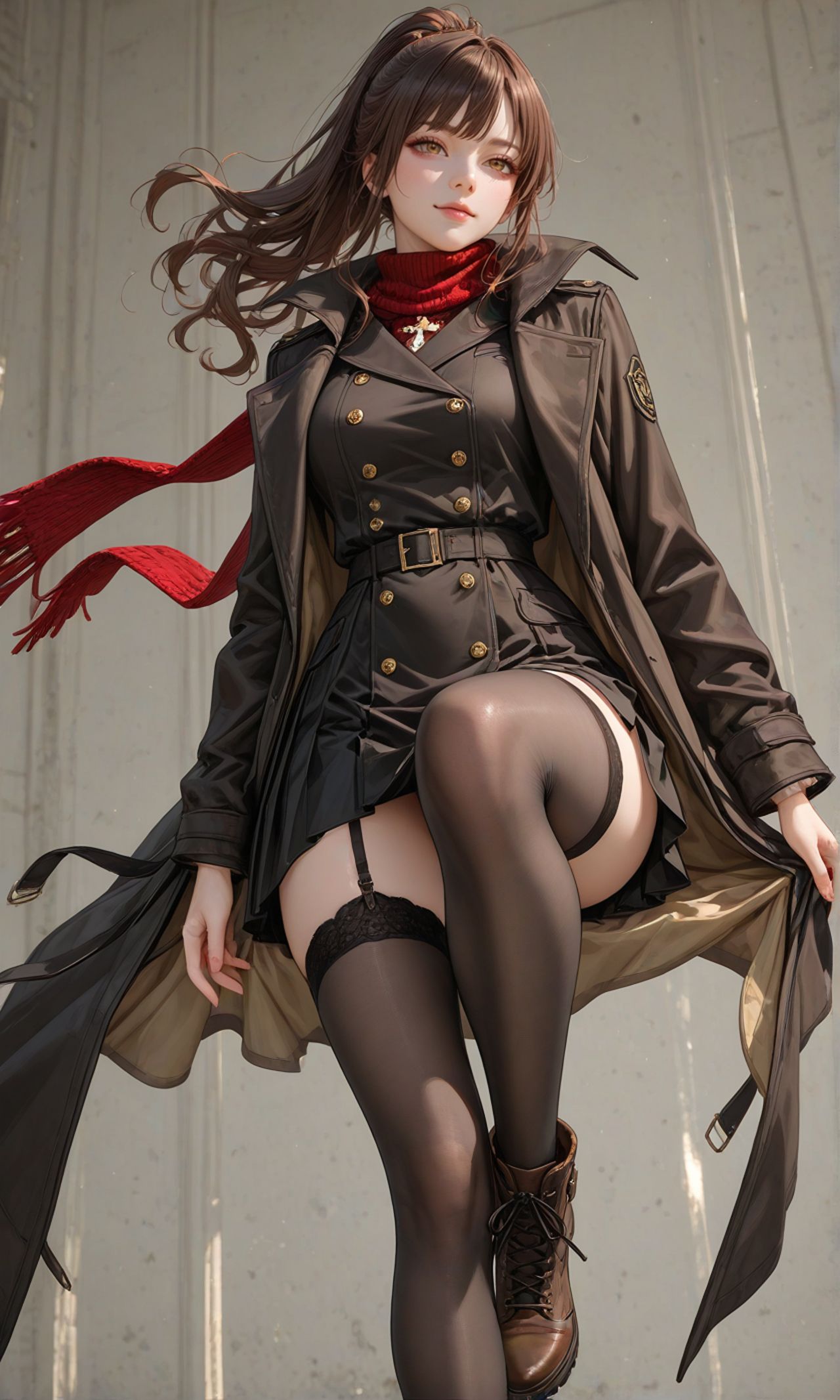 深褐色の高いポニーテールの女性が黒のコートに赤のセーターとブーツを合わせている