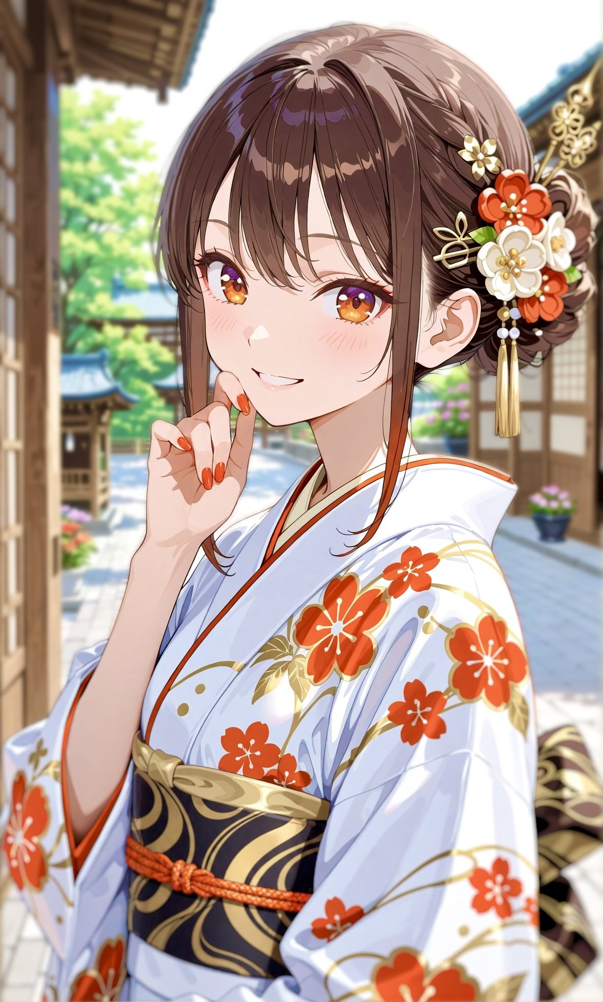 A phone wallpaper of a brown-haired, purple-eyed girl in a plum blossom kimono