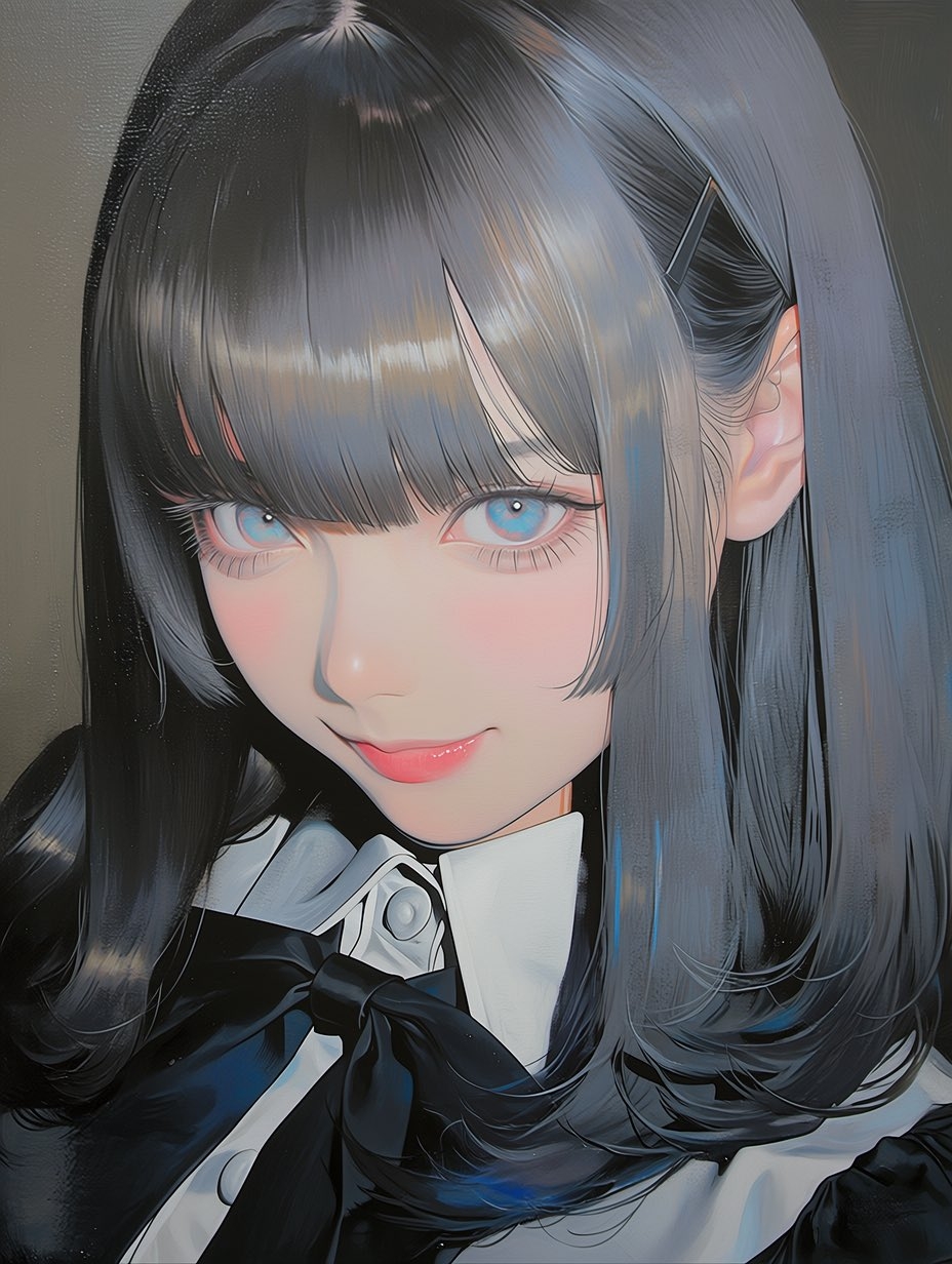 Una chica con cabello negro largo en un uniforme blanco y negro tiene ojos azules helados
