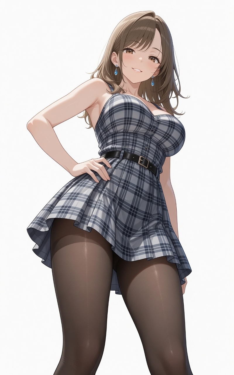 日系动漫成熟女性穿着灰蓝白格纹连衣裙