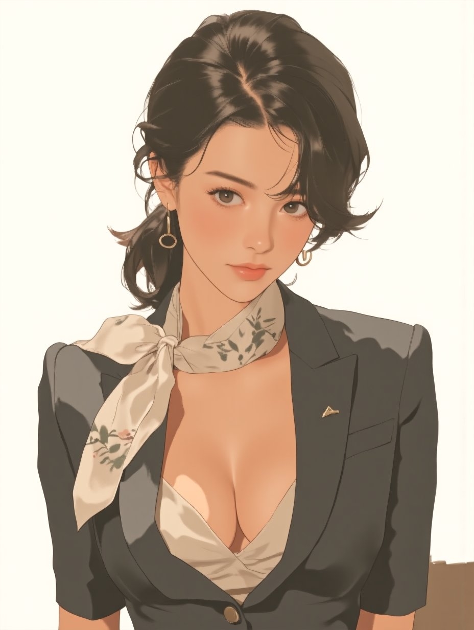 二次元の成熟した女性が深灰色のスーツを着て印刷されたスカーフを身に着けています