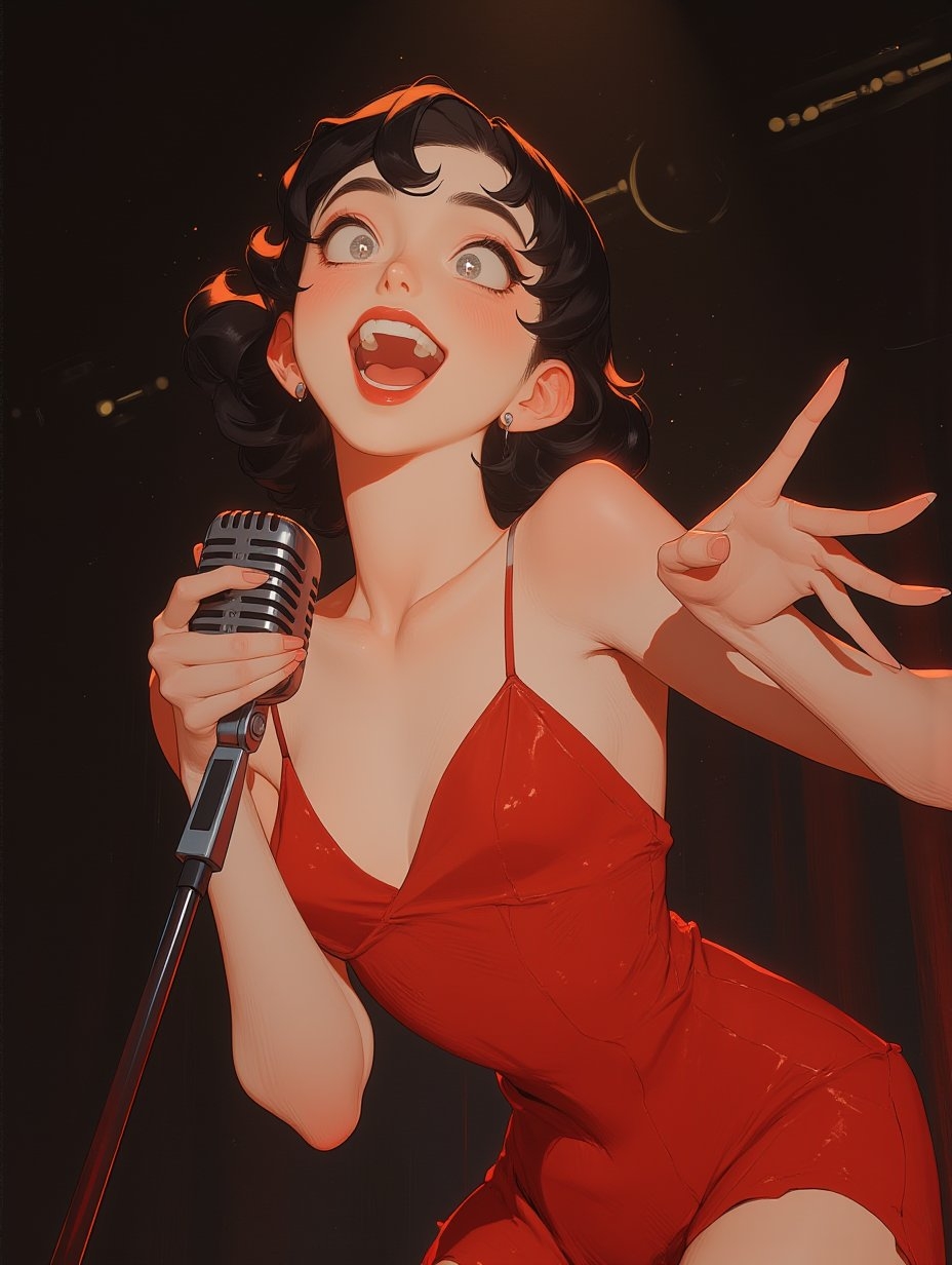 Una diva de cabello negro en un vestido rojo canta apasionadamente en el escenario
