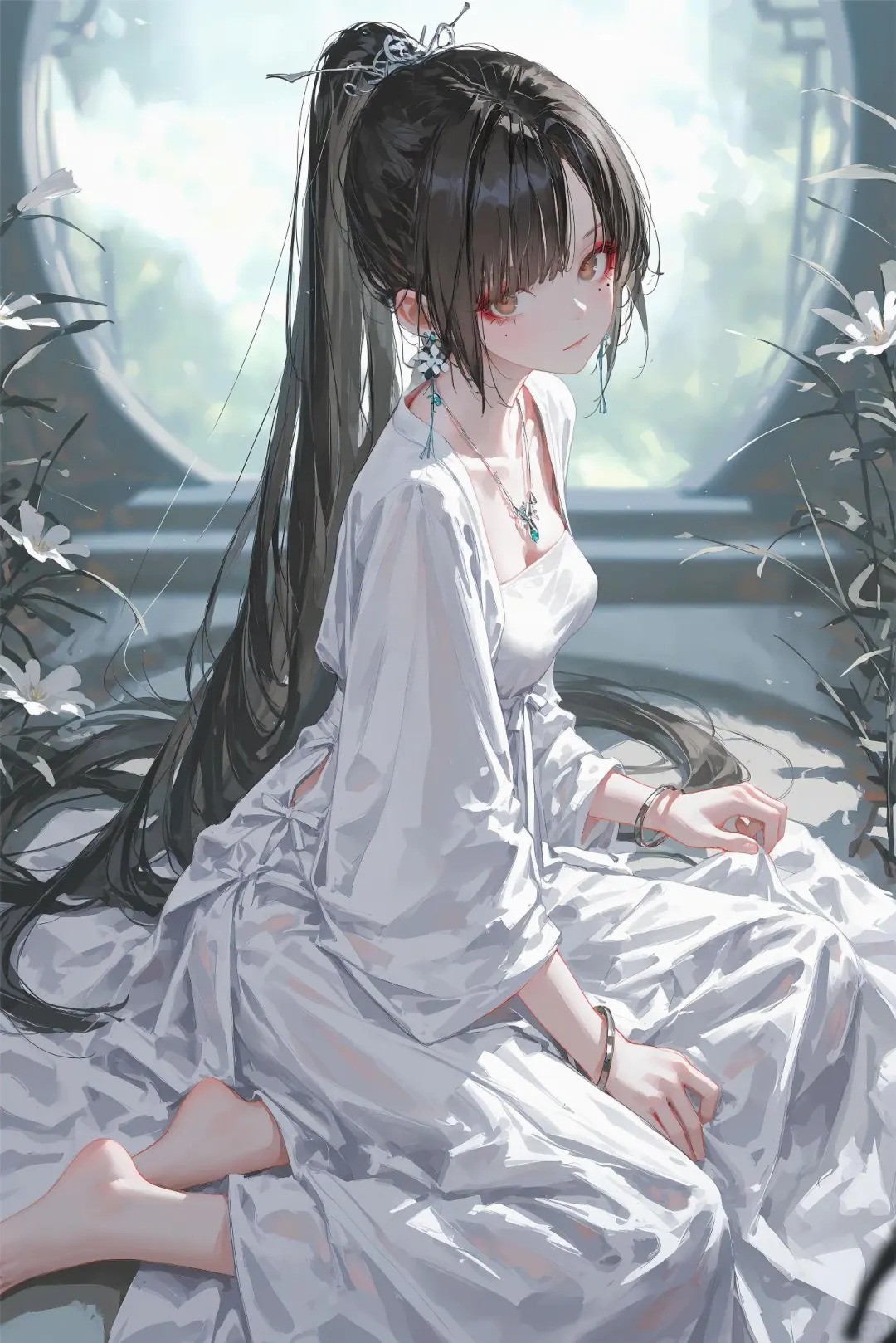 A girl with a high ponytail wearing a long traditional dress with silver accessories