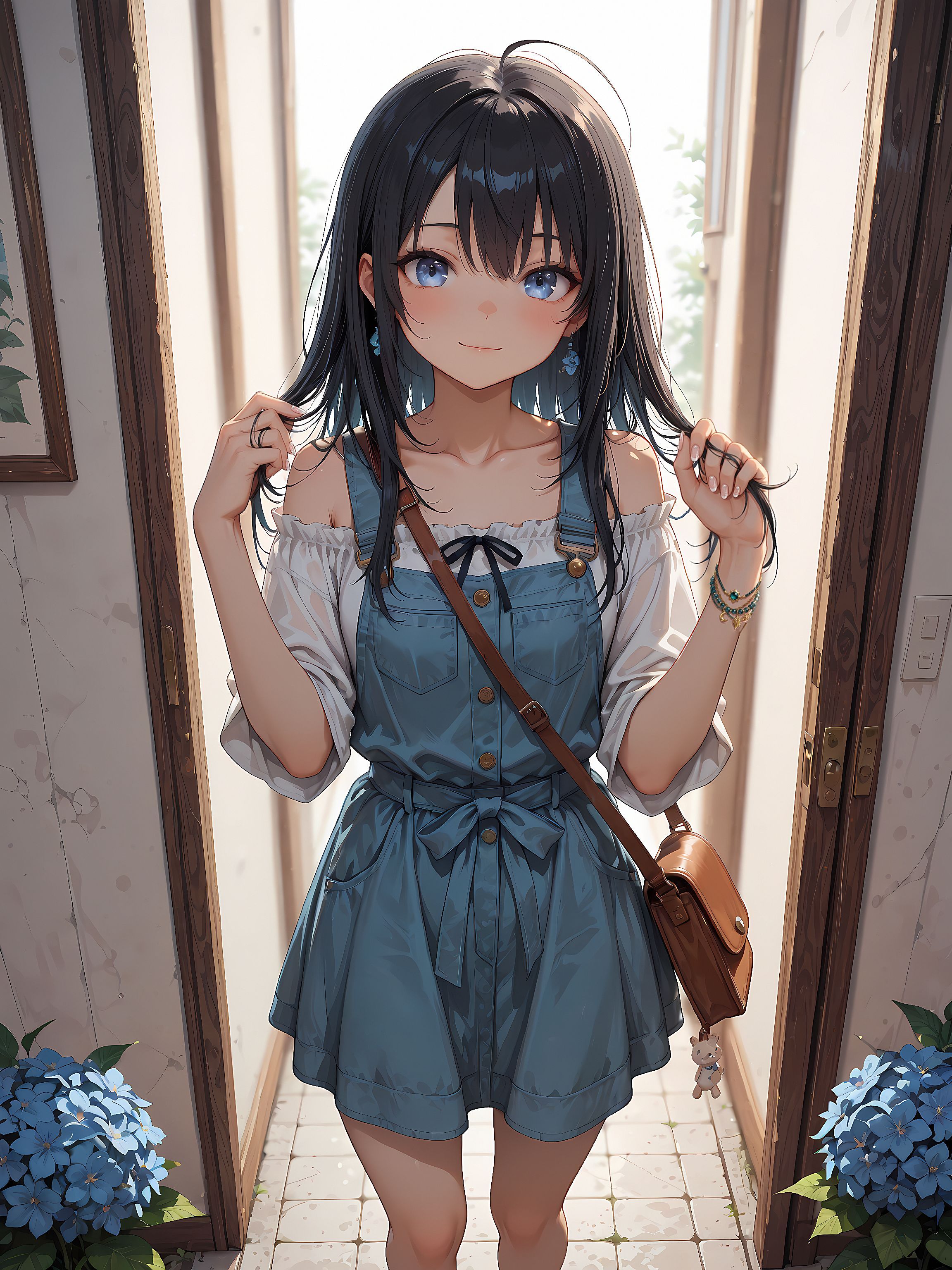 A girl stands in the morning light, gently touching her hair while wearing a denim skirt adorned with a bow and metallic buttons