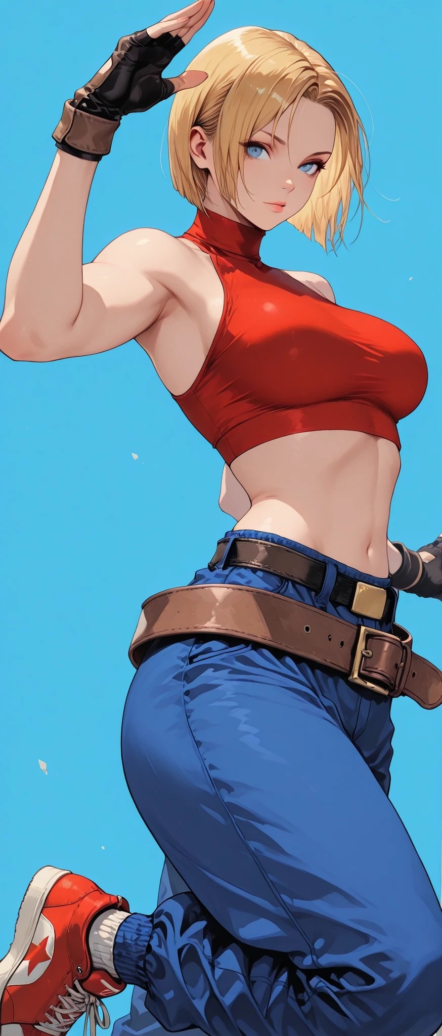 Blue Mary de The King of Fighters lleva una blusa roja corta y pantalones de trabajo azul oscuro