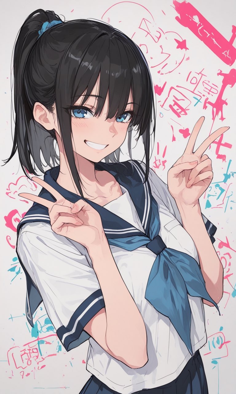 A girl with long black straight hair dressed in a sailor suit and pleated skirt smiles brightly while making a V sign
