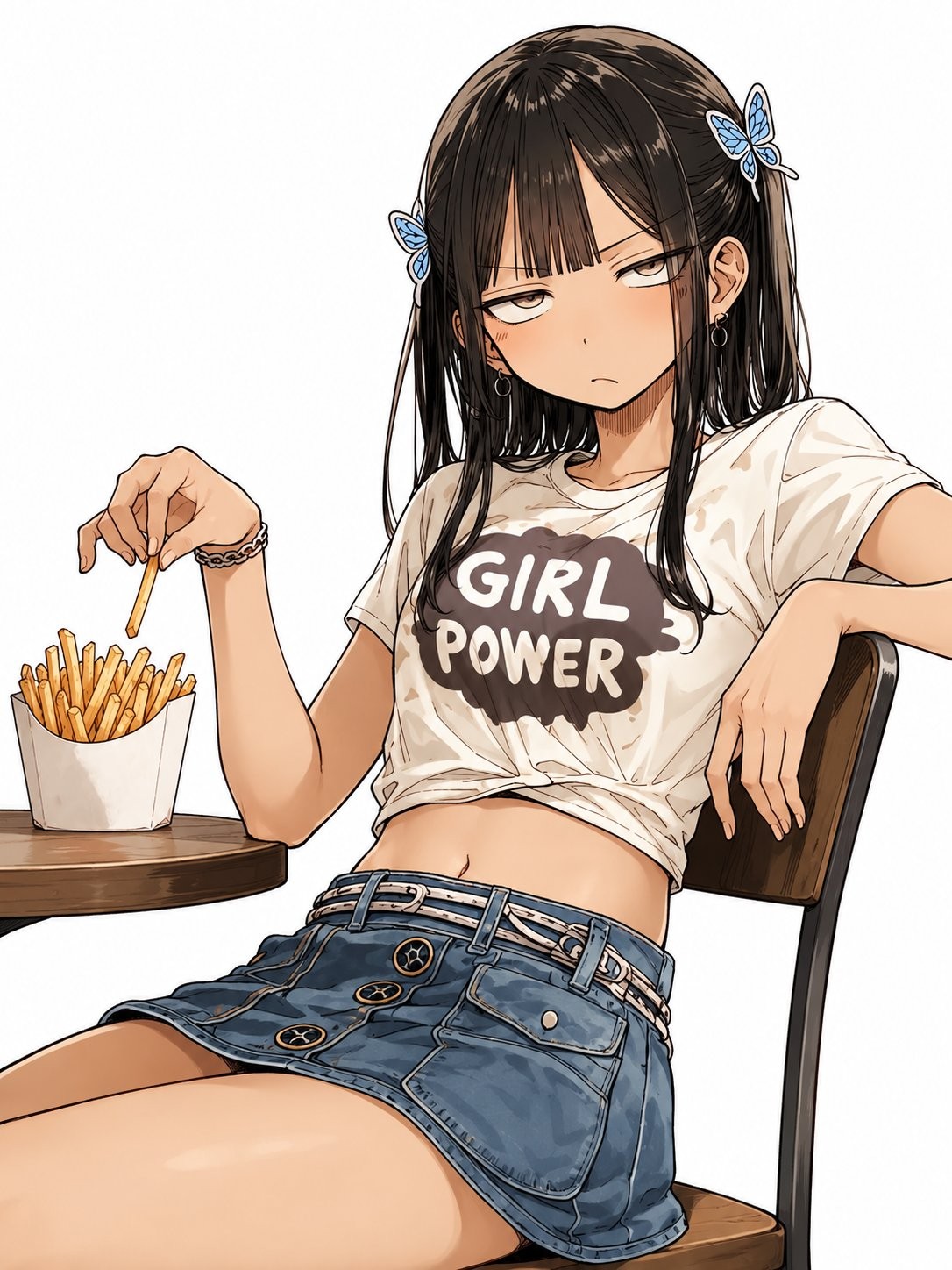 With deep brown medium-length hair and blue butterfly clips, she wears a 'GIRL POWER' T-shirt and high-waisted denim skirt while sitting in a fast food scene with fries