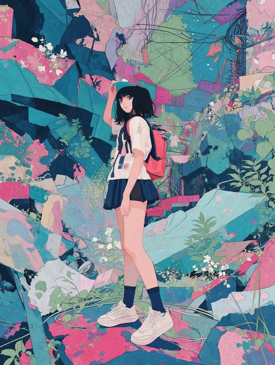 A girl with shoulder-length black hair wears a white sailor collar top and navy pleated skirt in the ruins