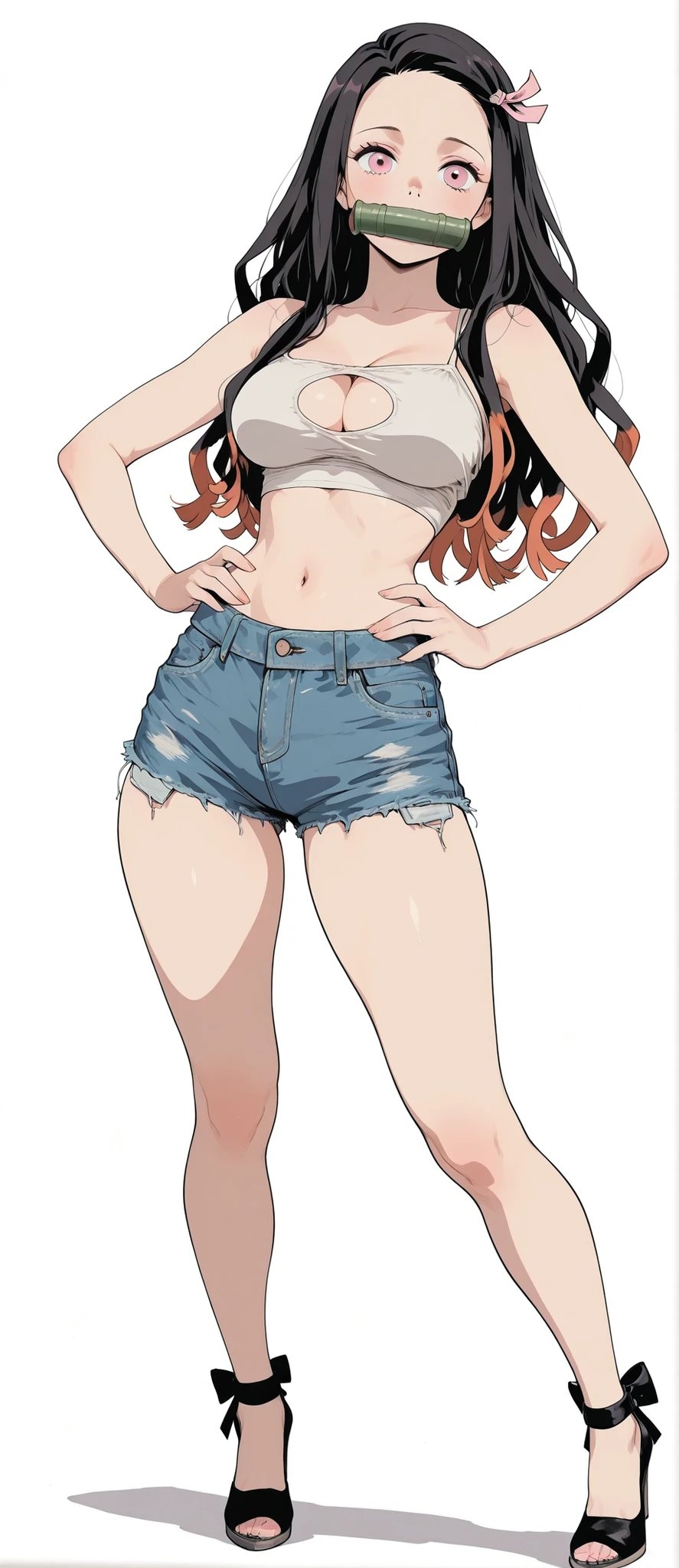 Eine weibliche Figur in moderner Freizeitkleidung mit schwarzen Haaren, die zu orange-rot verblassen, trägt eine rosa Schleife, hat rosafarbene Augen und hält ein grünes Bambusrohr