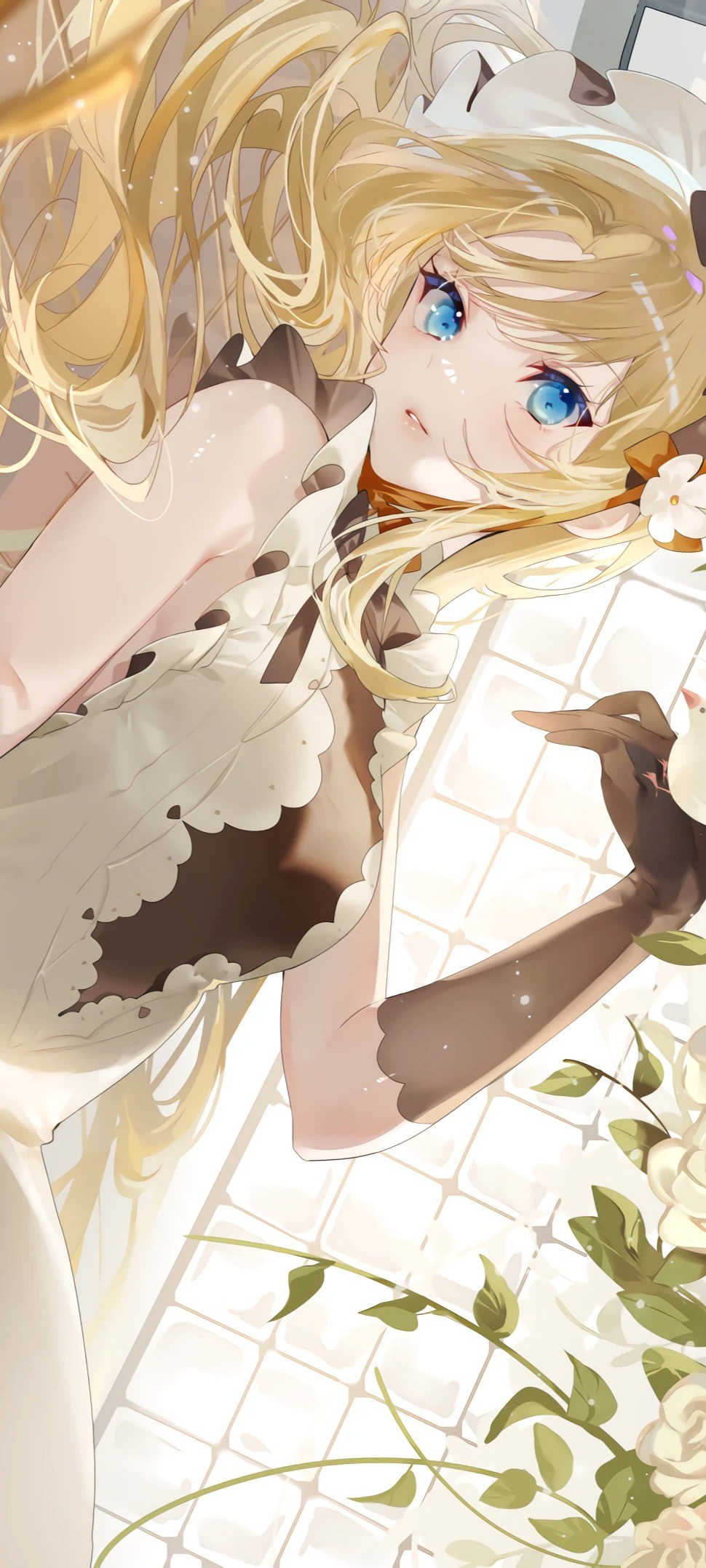 A blonde girl with blue eyes in a white lace dress lies in the sunlight