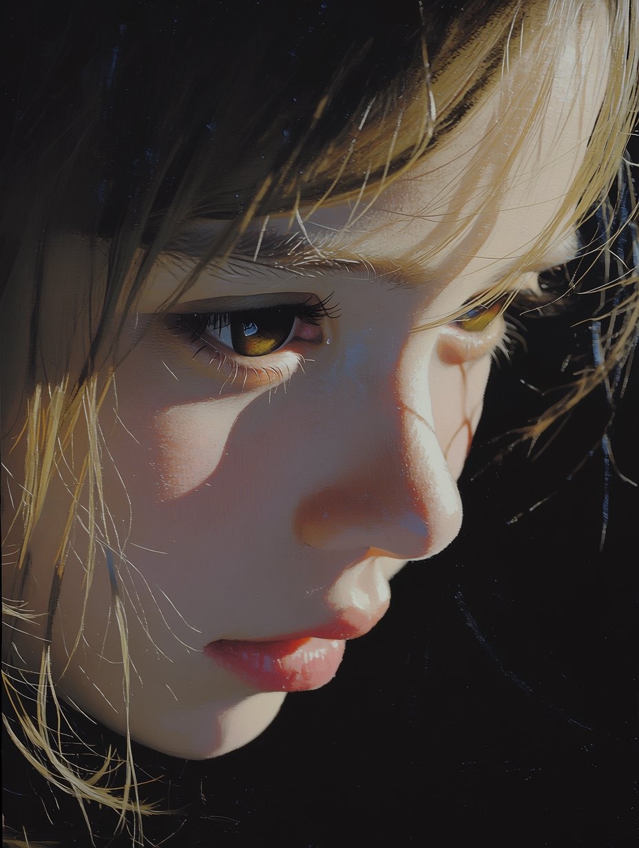 Close-up of a blonde girl in profile, amber eyes downcast, creating a melancholic atmosphere