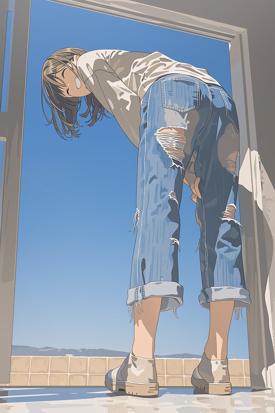 A garota usa uma blusa cinza larga de mangas longas e jeans rasgados, mostrando a vitalidade do verão