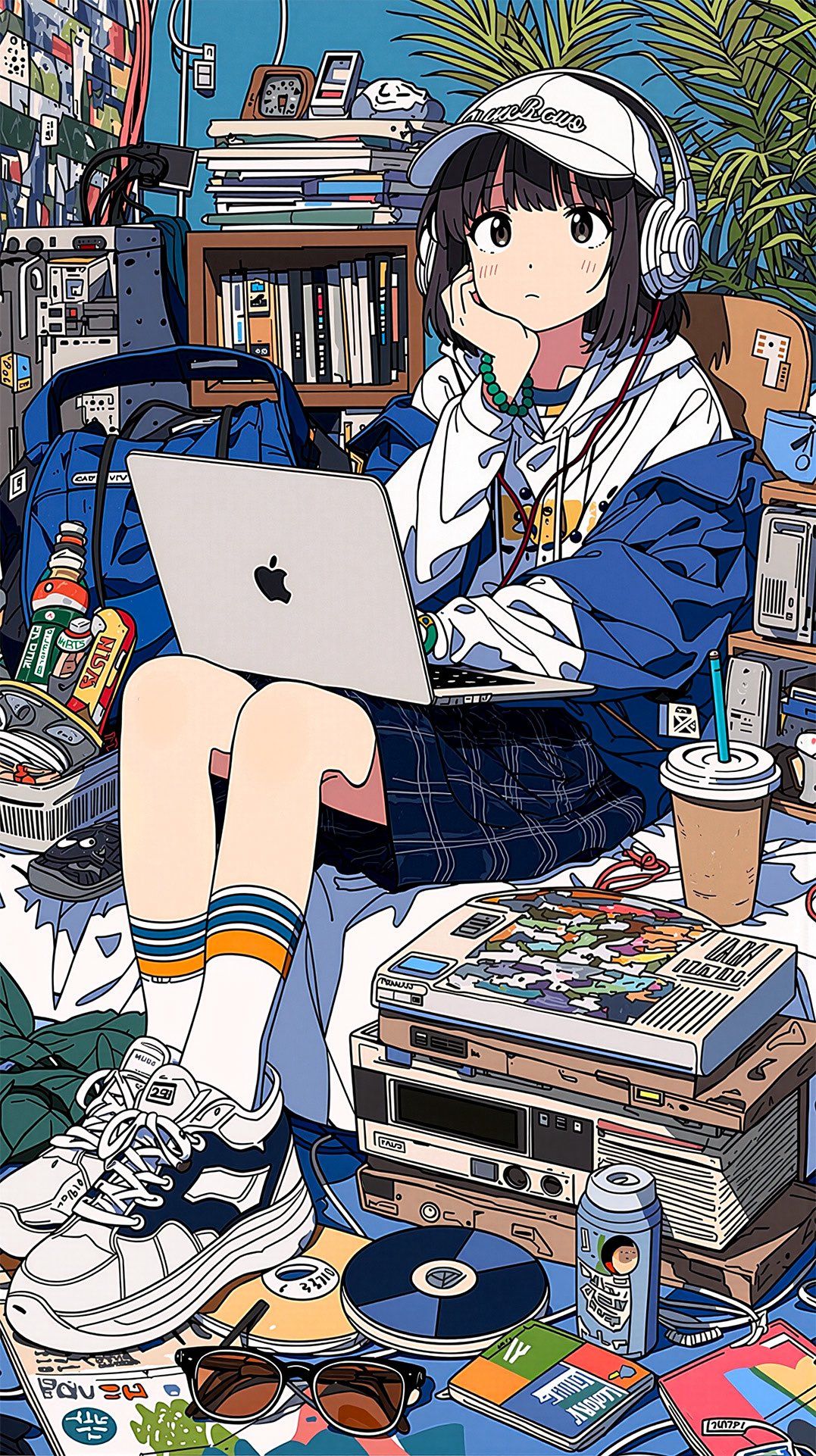 黑褐短髮少女盤腿坐在凌亂的房間中，專注於膝上的筆記本電腦，周圍堆滿復古電子設備