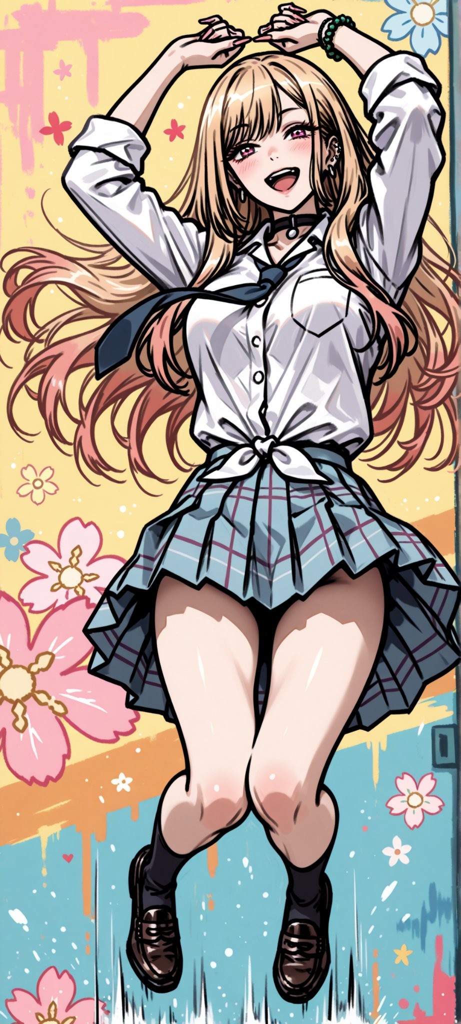 金髪の少女が桜の背景でジャンプ