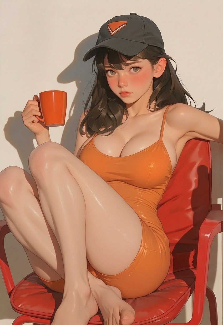 Anime casual girl wearing black baseball cap and orange jumpsuit