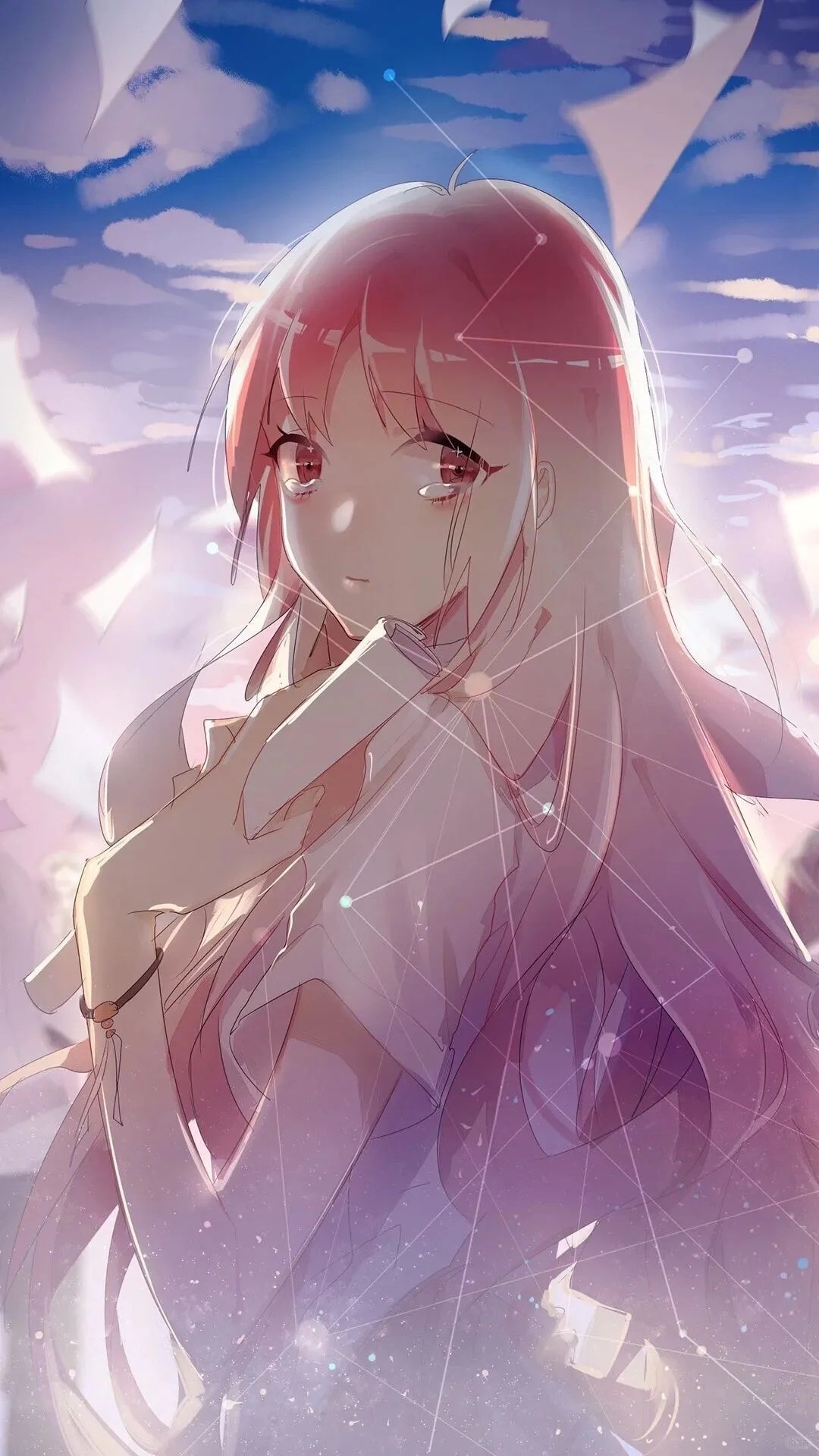 A pink-haired girl stands in a light purple dress under a blue sky
